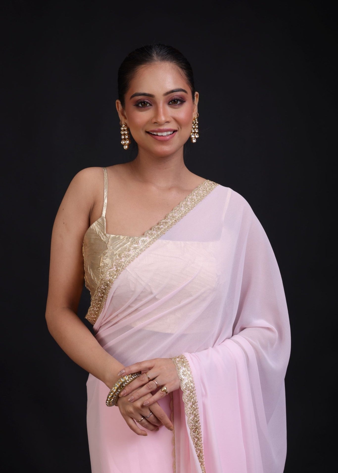 Baby Pink Georgette Saree with Golden Cutdana Lace Border - Anvi Couture