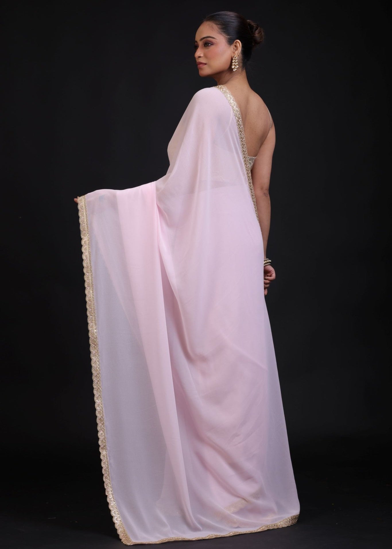 Baby Pink Georgette Saree with Golden Cutdana Lace Border - Anvi Couture