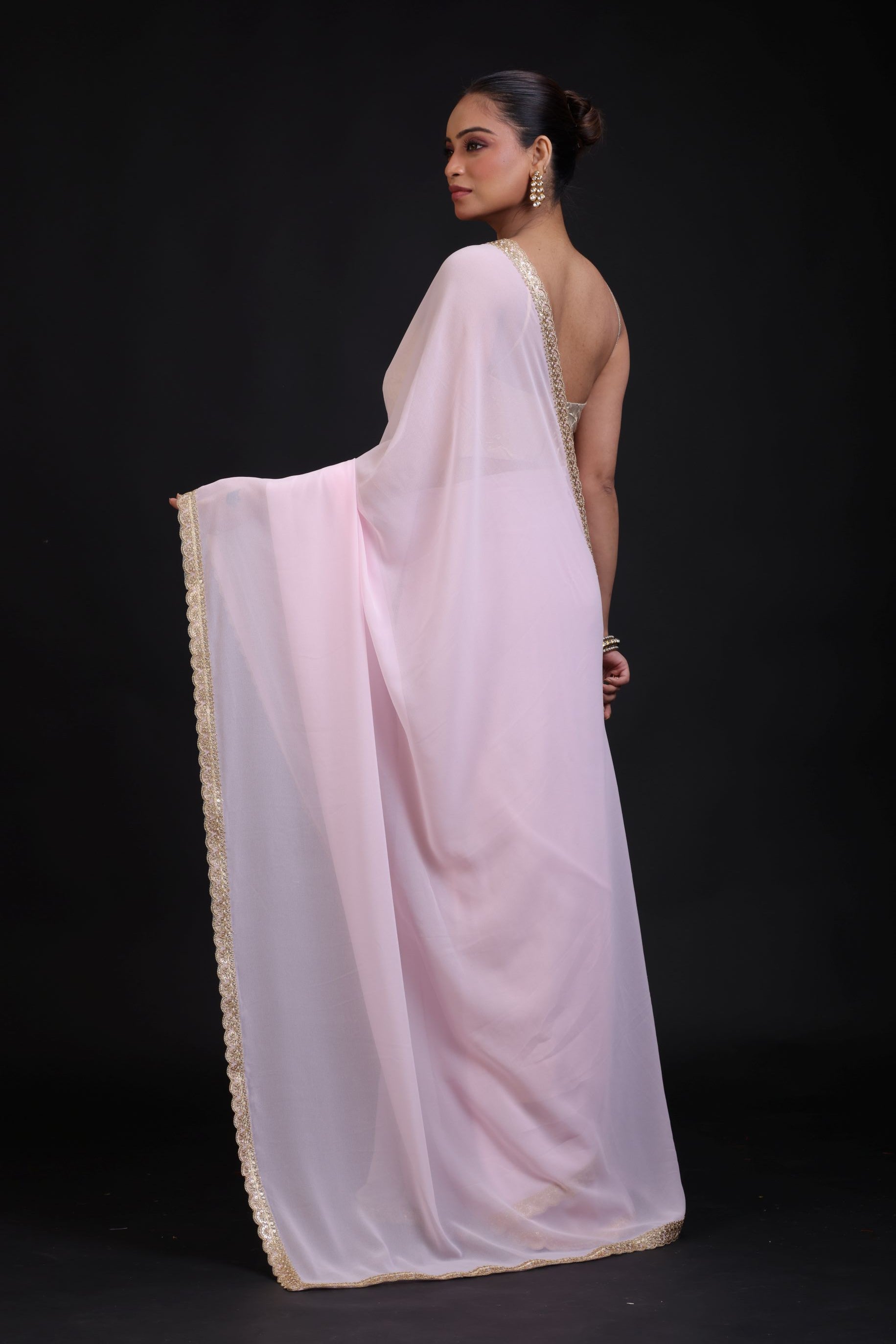 Baby Pink Georgette Saree with Golden Cutdana Lace Border Back