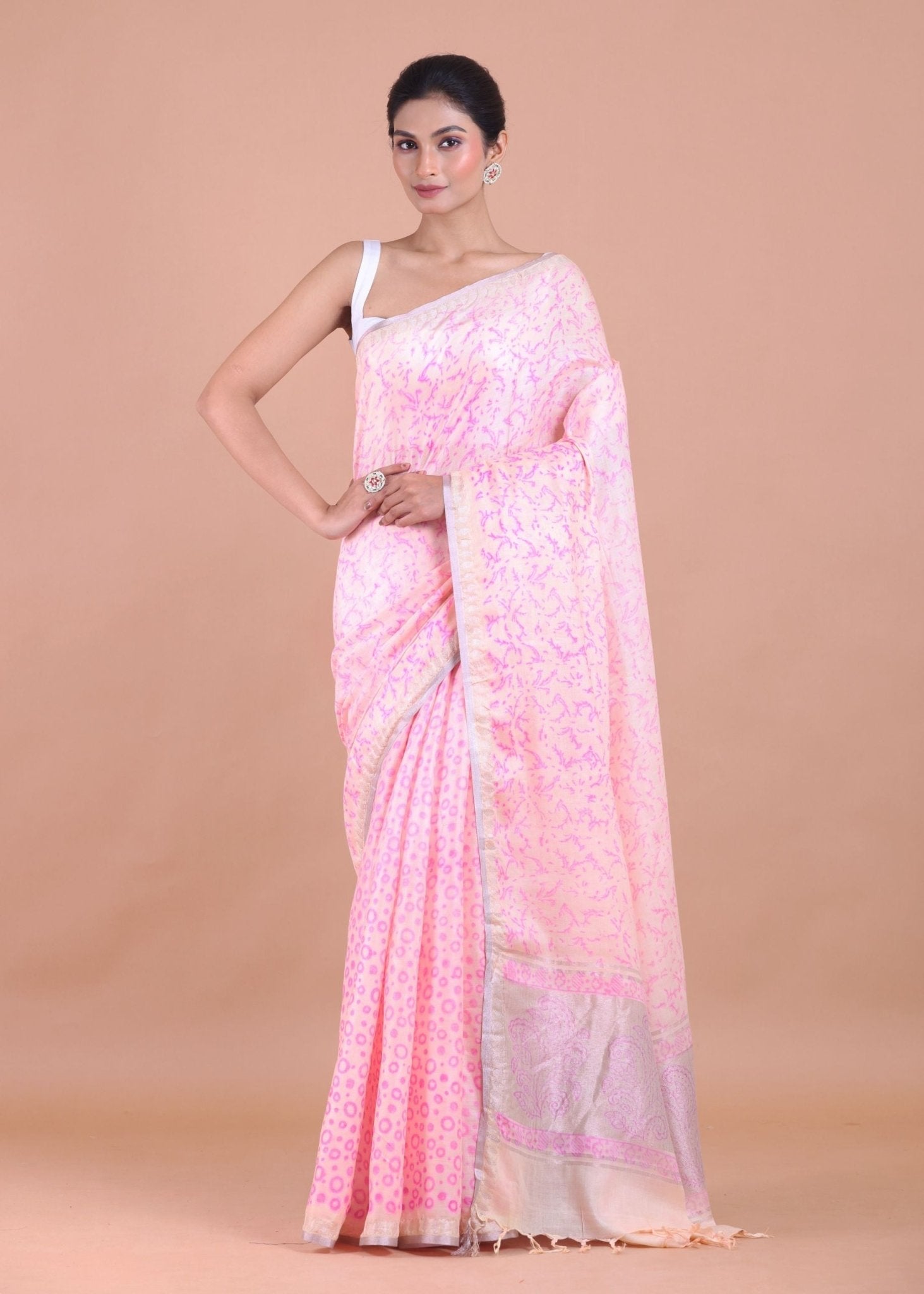 Baby Pink Handloom Cotton Printed Saree - Anvi Couture