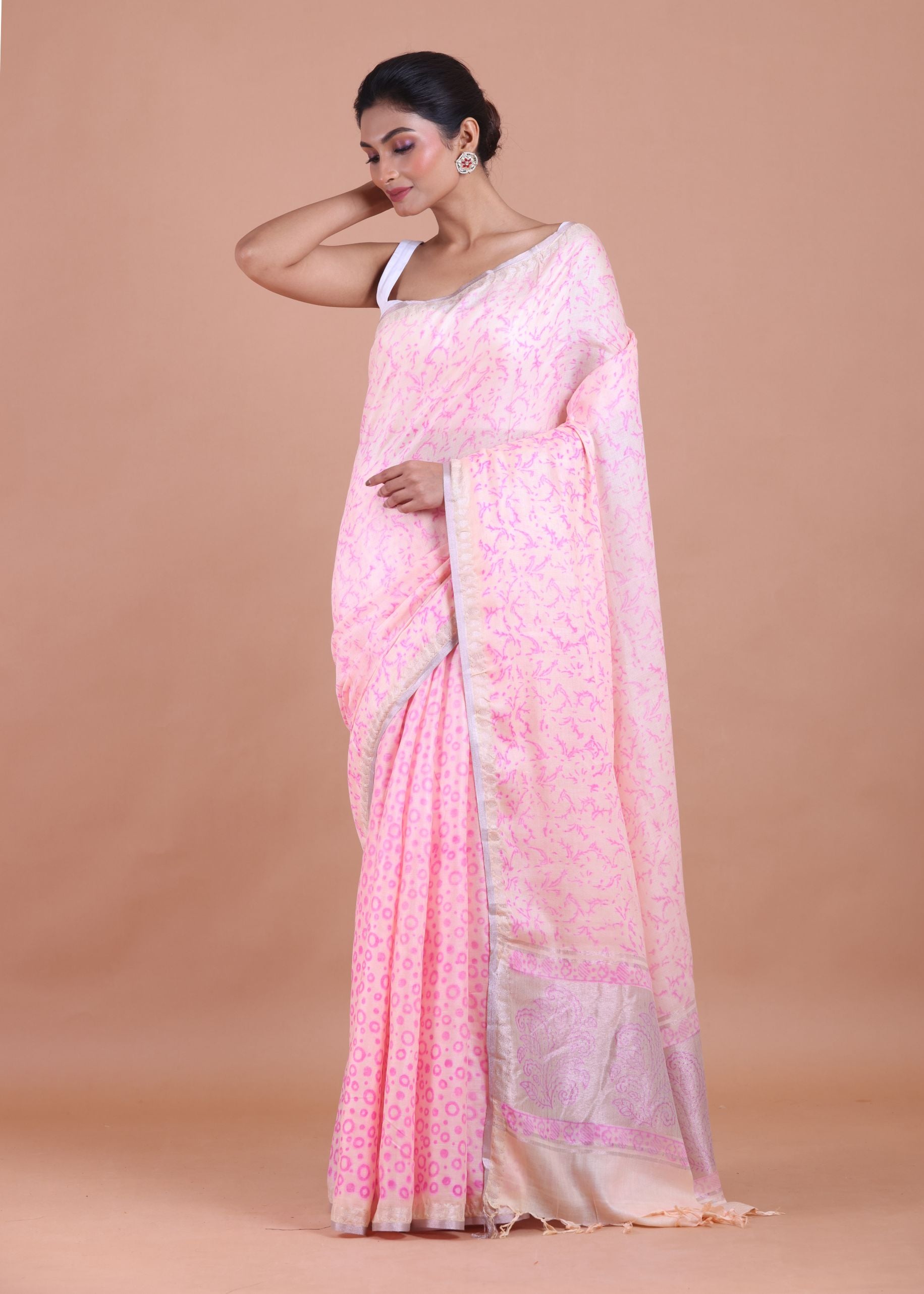 Baby Pink Handloom Cotton Printed Saree front