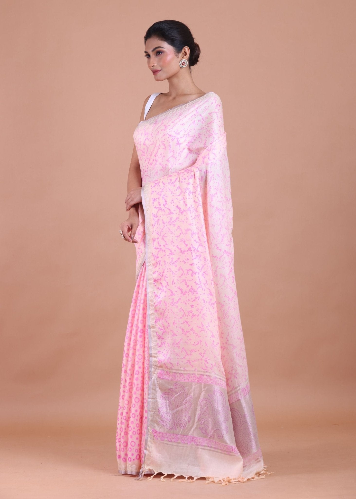 Baby Pink Handloom Cotton Printed Saree - Anvi Couture