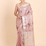 Baby Pink Tissue Silk Saree with Floral Hand Embroidery Saree Full