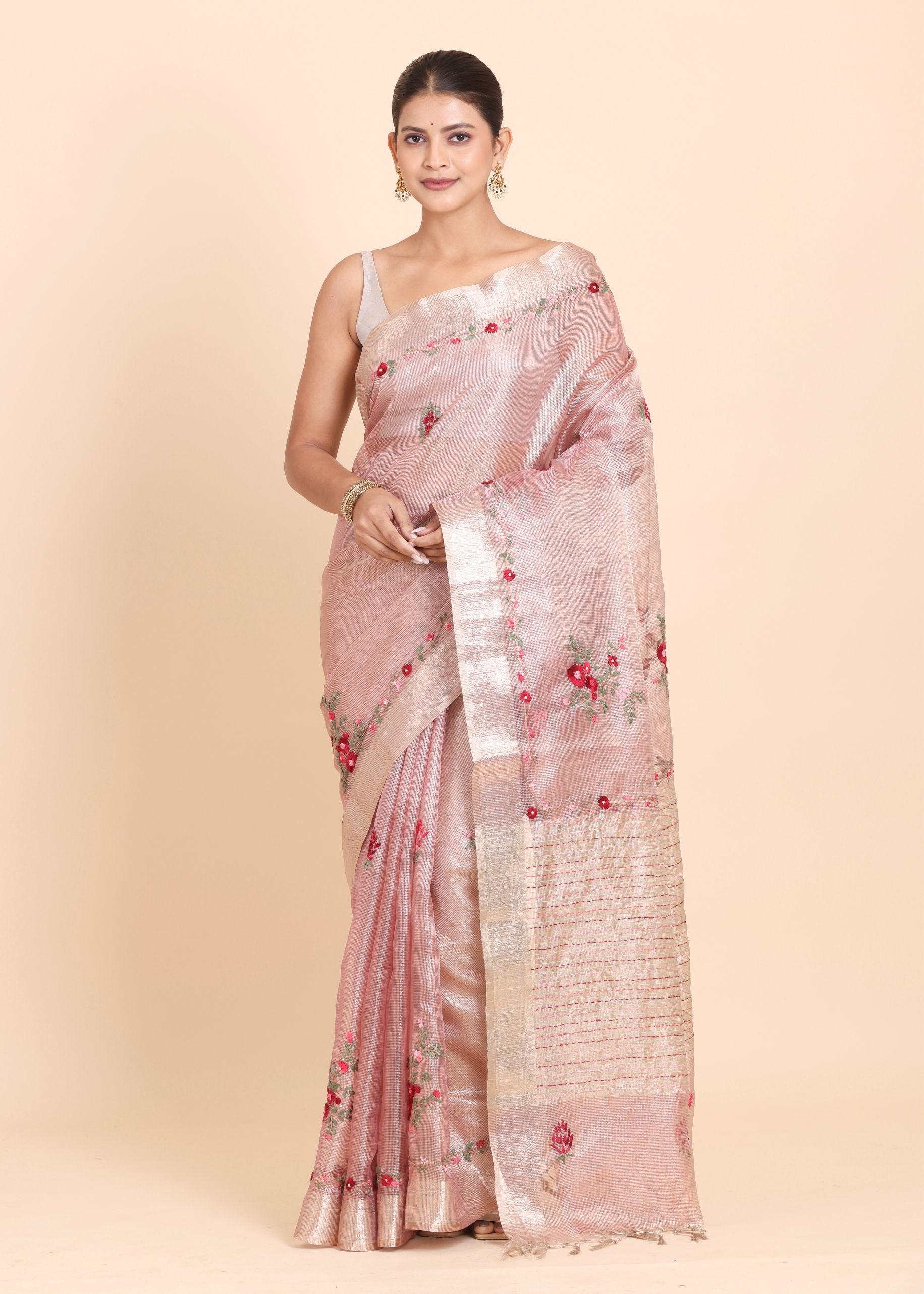 Baby Pink Tissue Silk Saree with Floral Hand Embroidery Saree Full