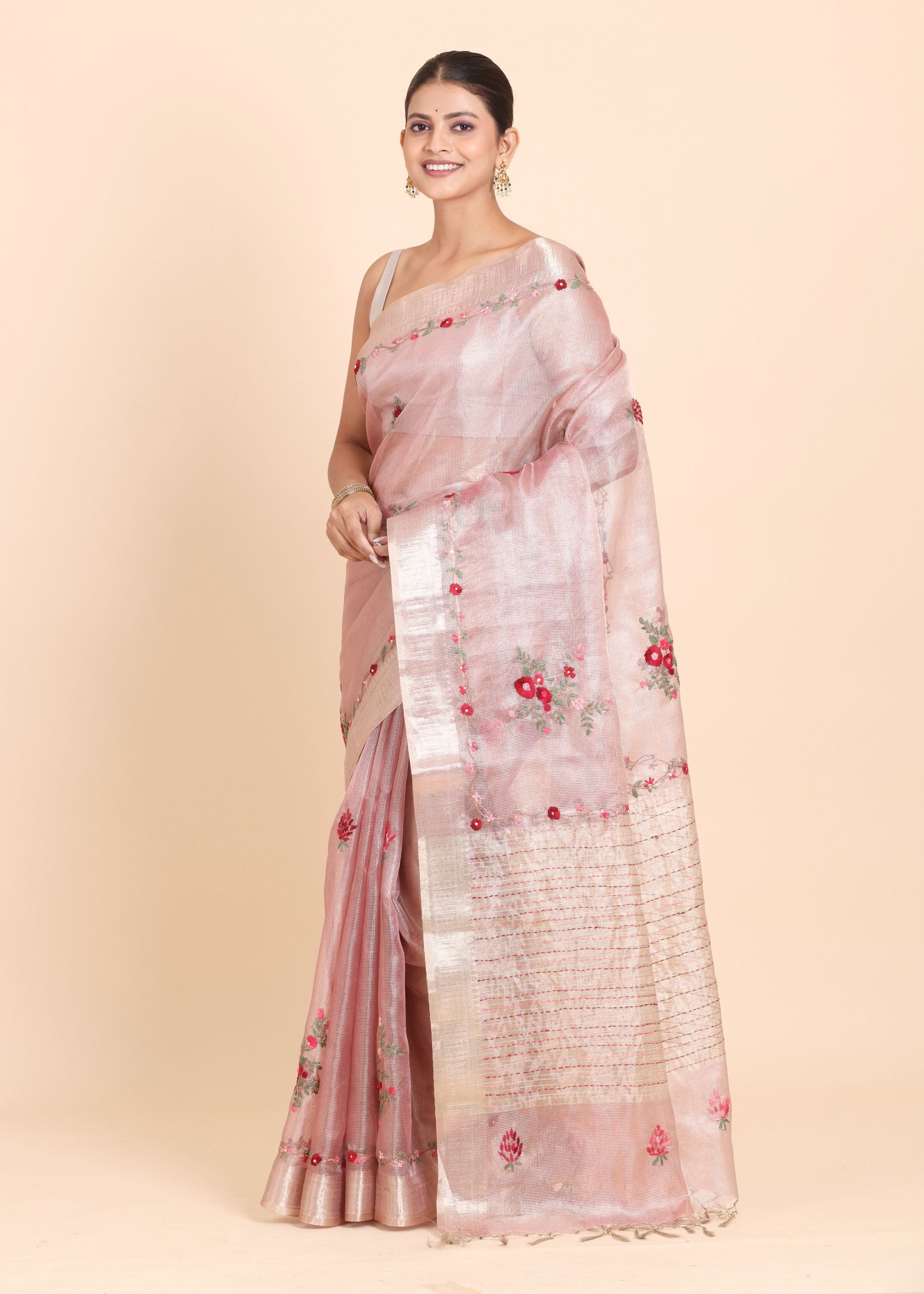 Baby Pink Tissue Silk Saree with Floral Hand Embroidery Saree Side