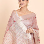 Baby Pink Tissue Silk Saree with Floral Hand Embroidery Saree Close Up