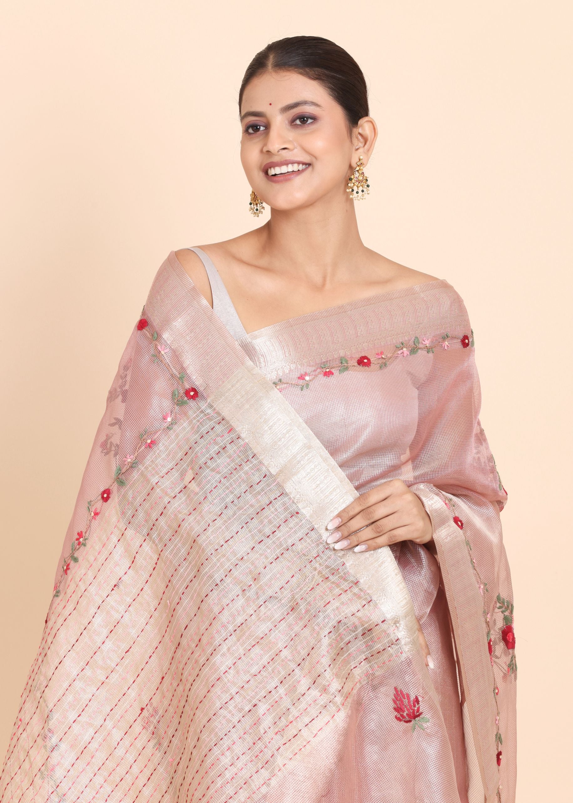 Baby Pink Tissue Silk Saree with Floral Hand Embroidery Saree Close Up