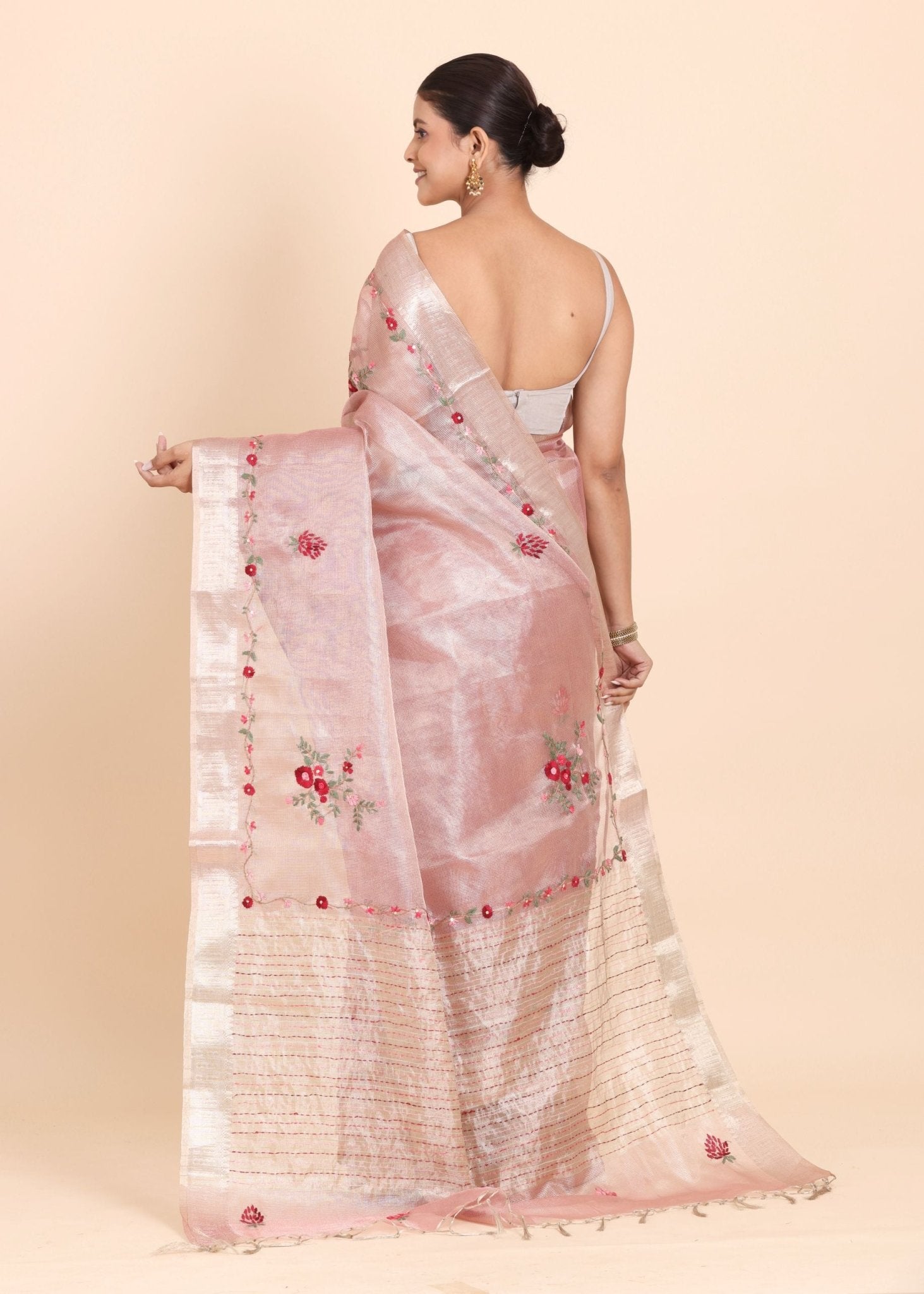 Baby Pink Tissue Silk Saree with Floral Hand Embroidery Saree - Anvi Couture