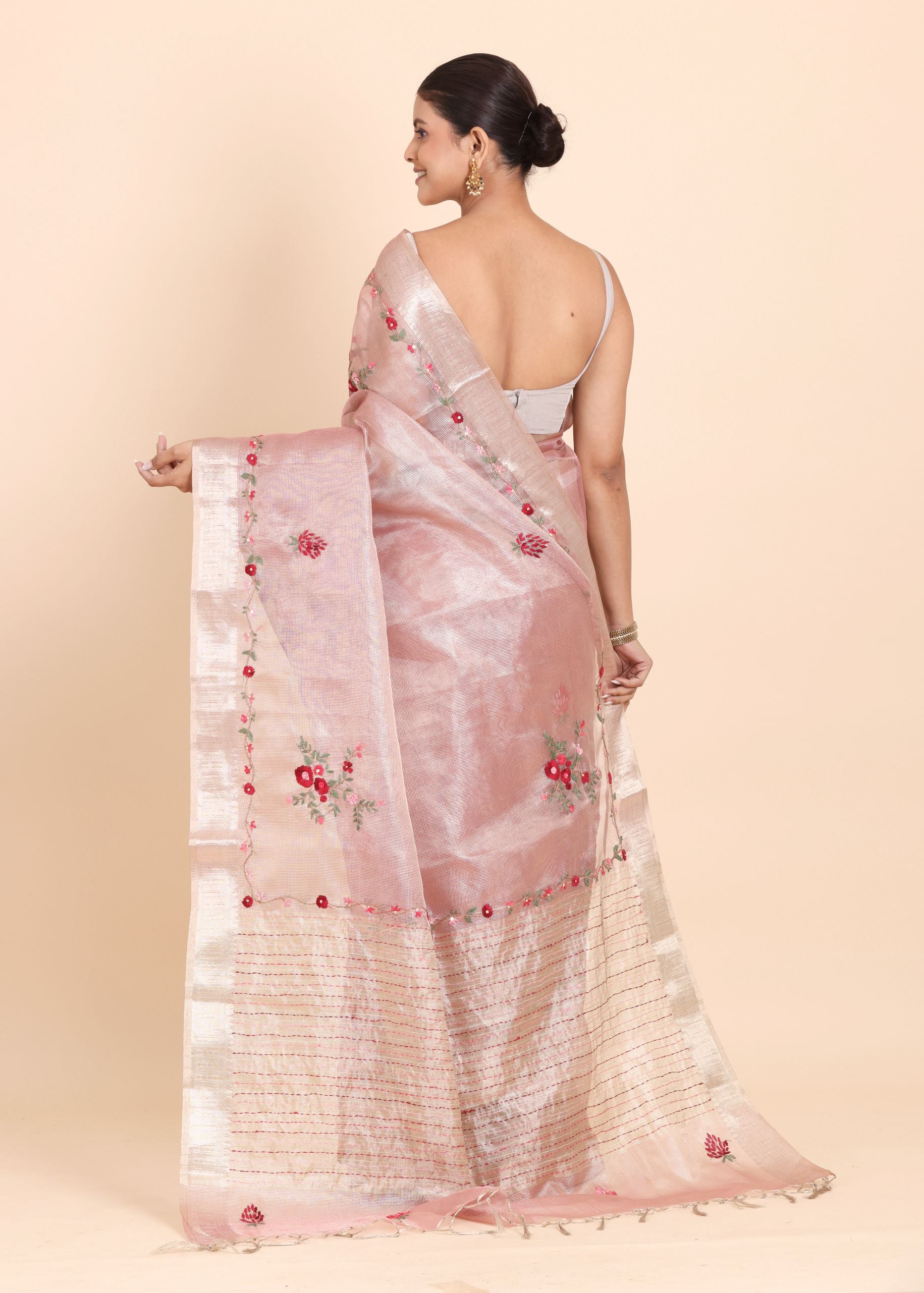 Baby Pink Tissue Silk Saree with Floral Hand Embroidery Saree Back