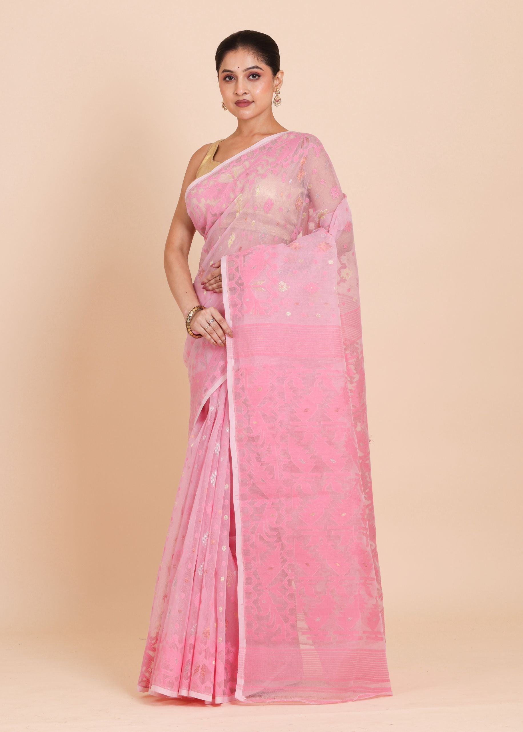 Baby Pink and Golden Bangladeshi Dhakai Jamdani Saree full