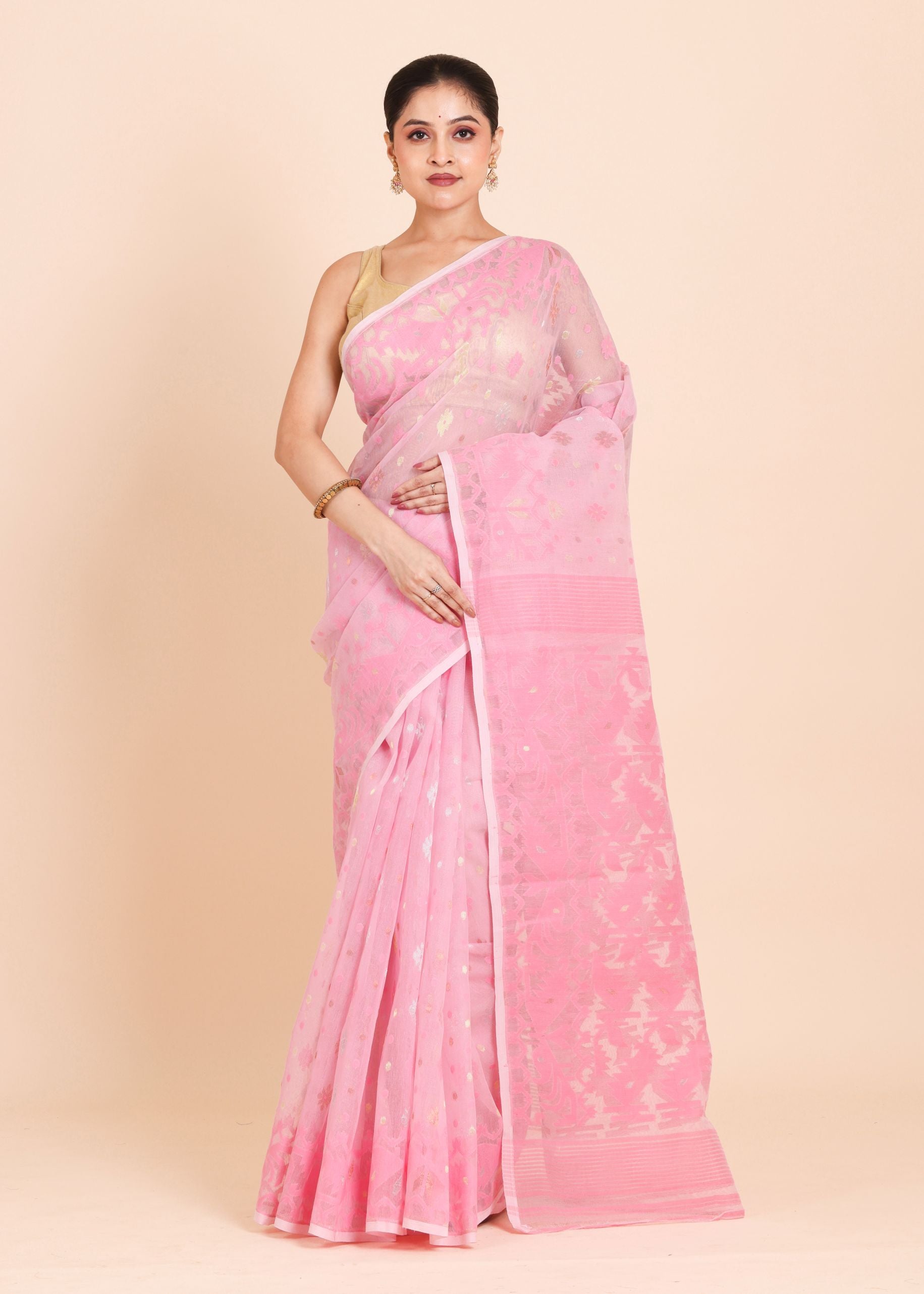 Baby Pink and Golden Bangladeshi Dhakai Jamdani Saree front