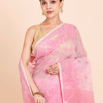 Baby Pink and Golden Bangladeshi Dhakai Jamdani Saree close up