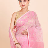 Baby Pink and Golden Bangladeshi Dhakai Jamdani Saree close up