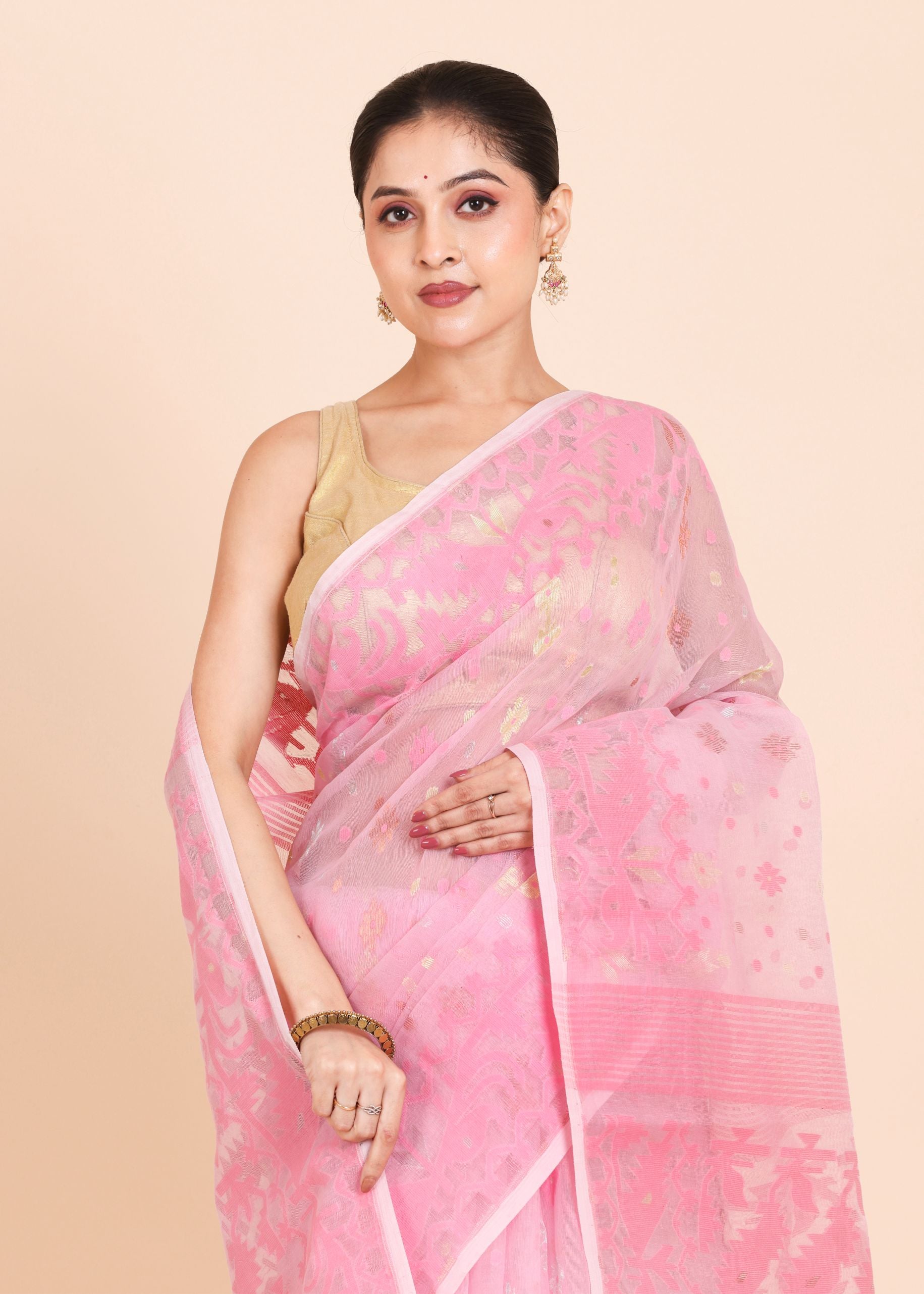 Baby Pink and Golden Bangladeshi Dhakai Jamdani Saree close up