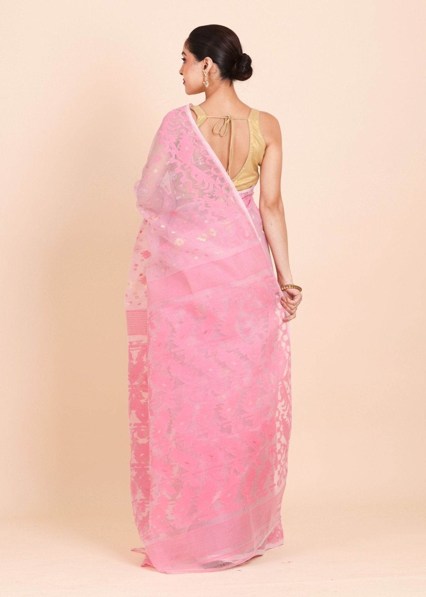 Baby Pink and Golden Bangladeshi Dhakai Jamdani Saree - Anvi Couture
