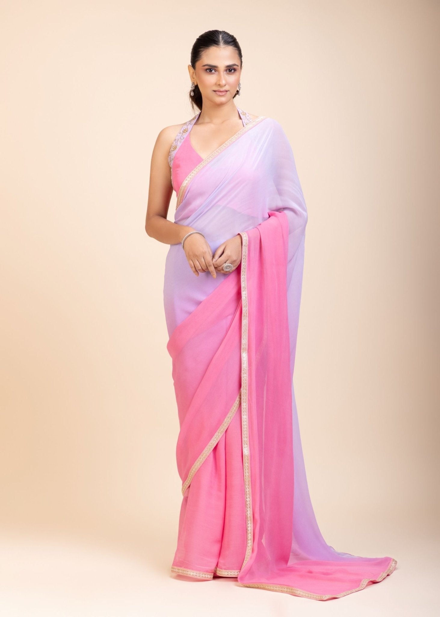 Baby Pink and Lavender Georgette Saree - Anvi Couture