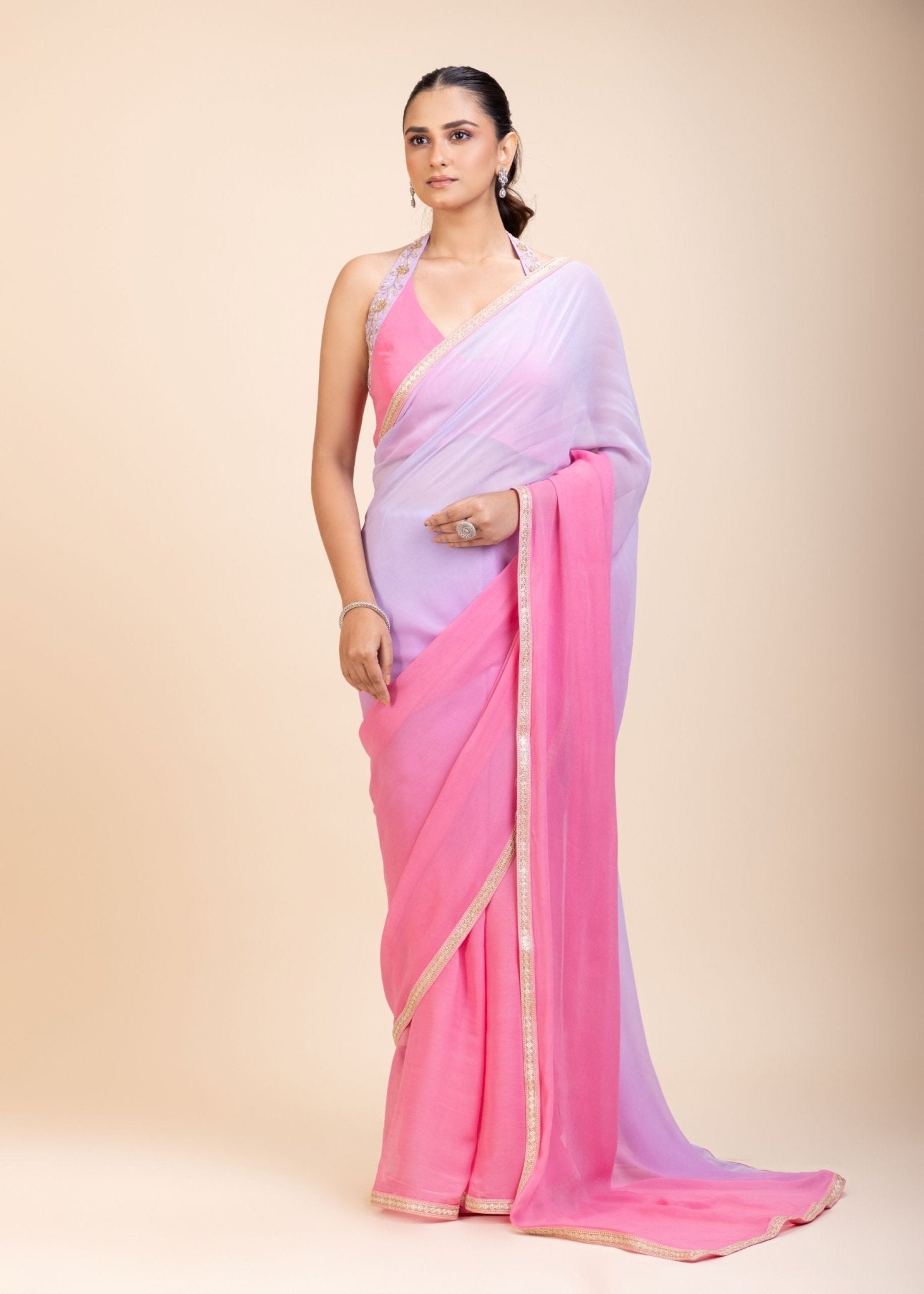 Baby Pink and Lavender Georgette Saree - Anvi Couture