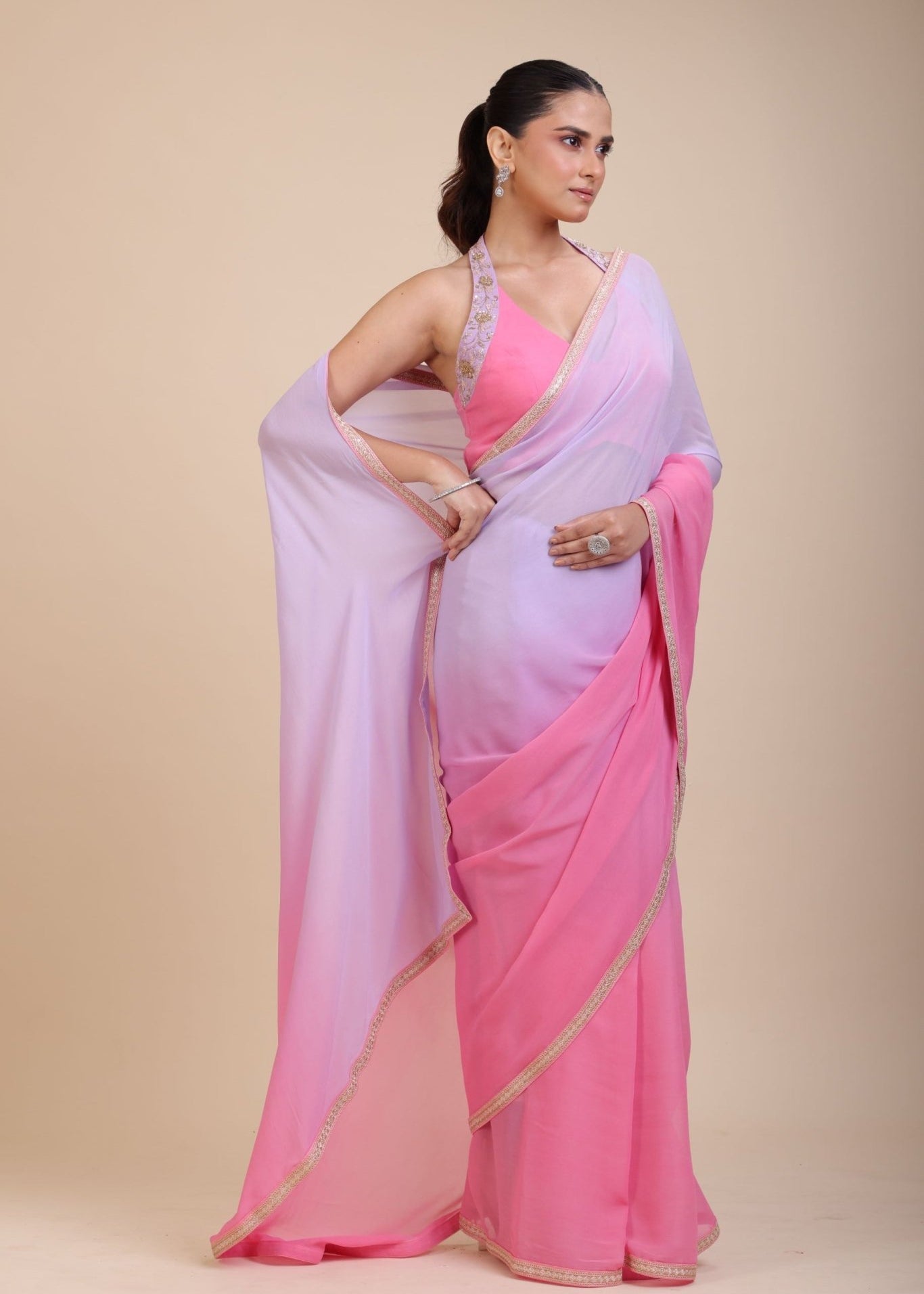 Baby Pink and Lavender Georgette Saree - Embroidered