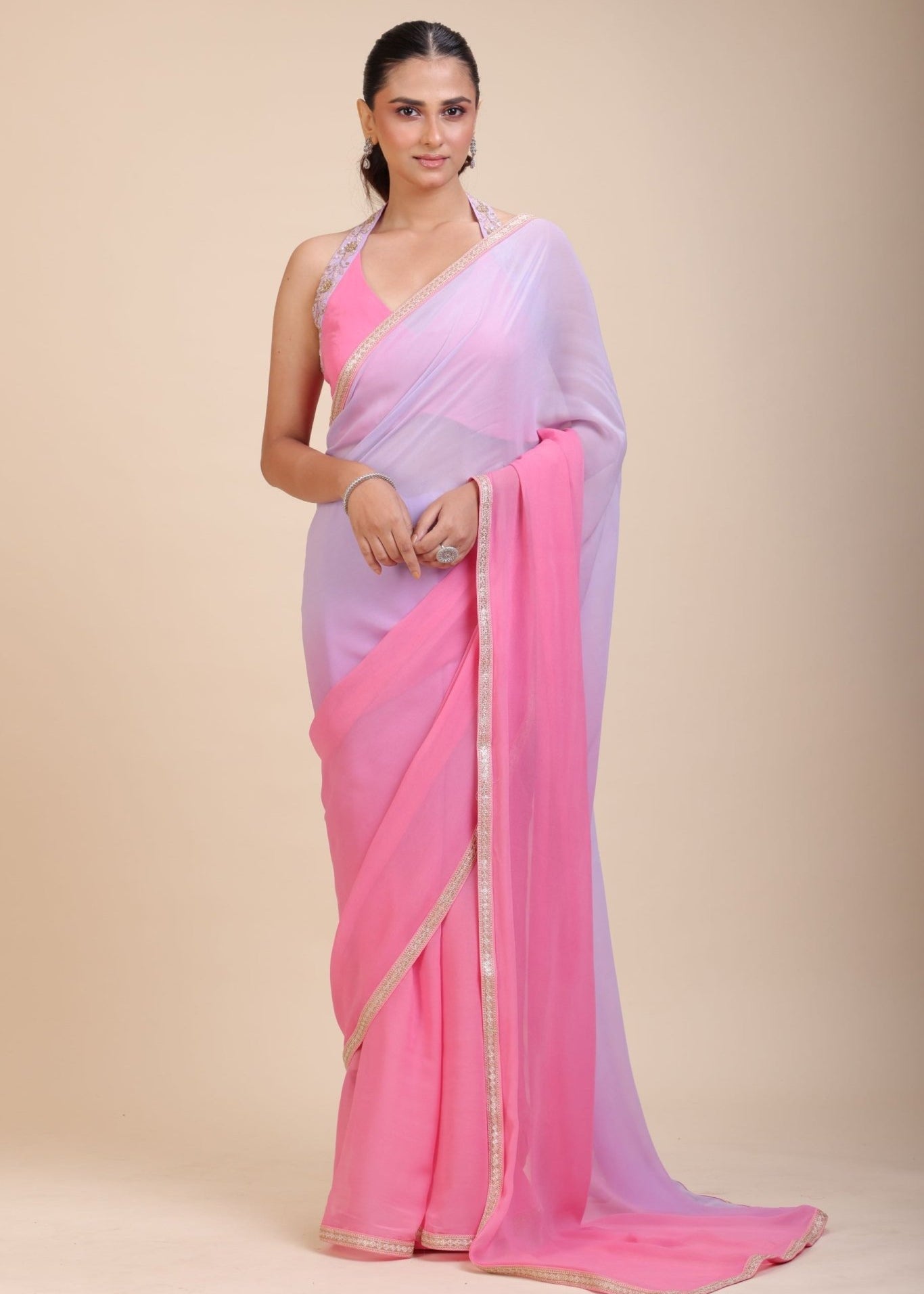 Baby Pink and Lavender Georgette Saree with Designer Halter Neck Blouse - Anvi Couture