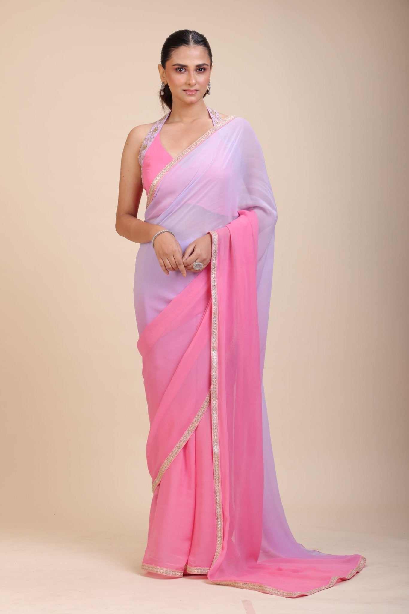Baby Pink and Lavender Georgette Saree with Designer Halter Neck Blouse - Anvi Couture