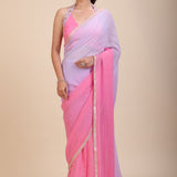 Baby Pink and Lavender Georgette Saree with Designer Halter Neck Blouse Front

