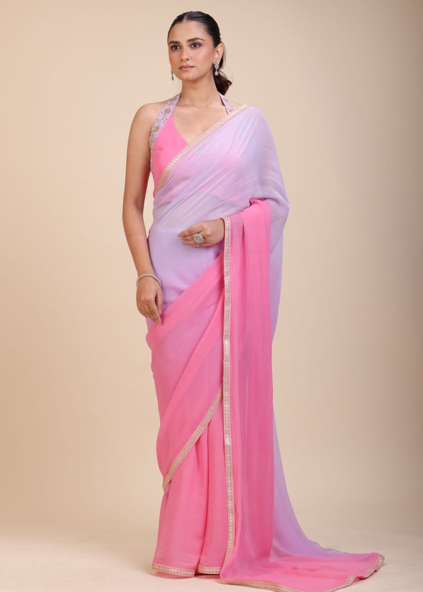 Baby Pink and Lavender Georgette Saree with Designer Halter Neck Blouse - Anvi Couture