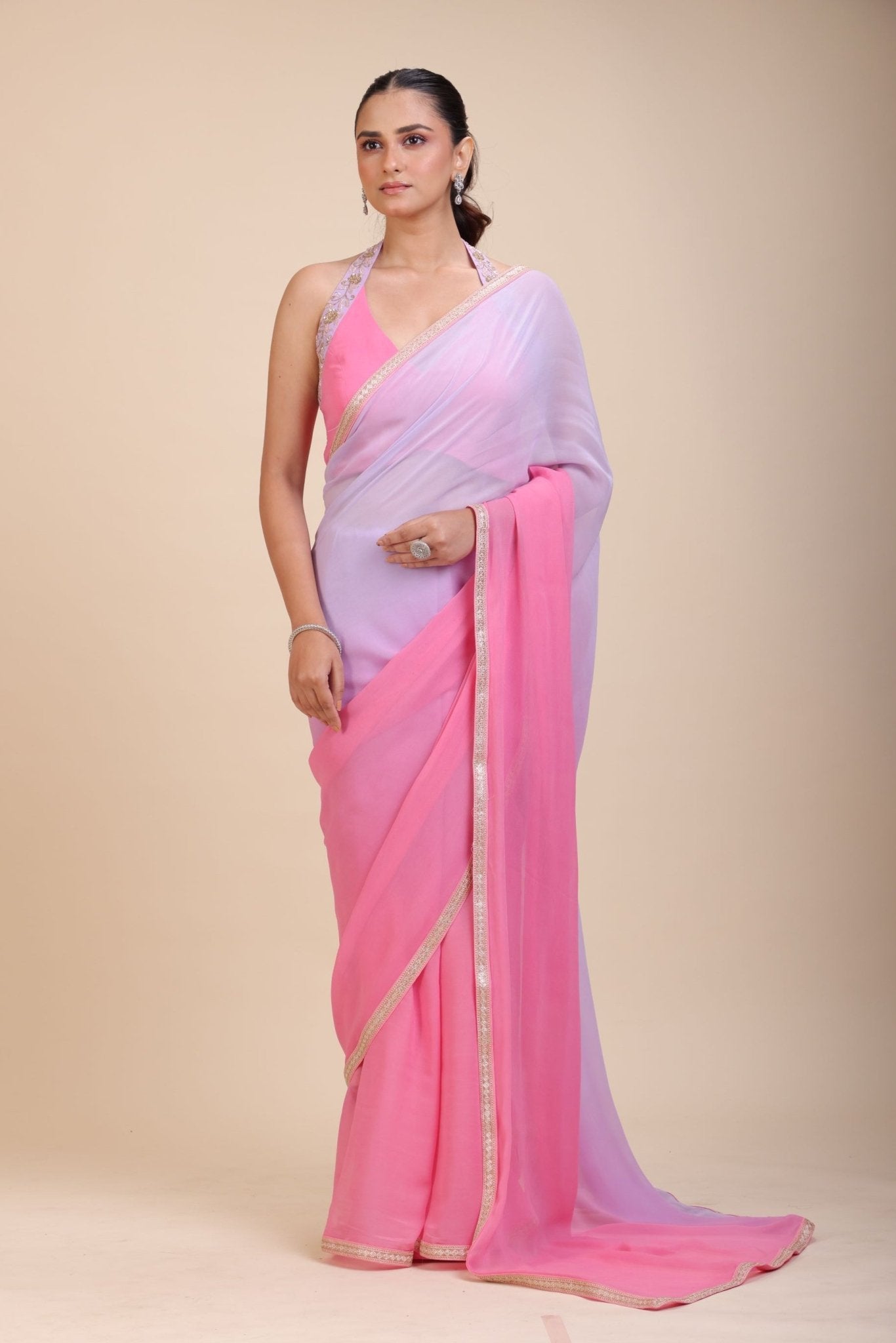 Baby Pink and Lavender Georgette Saree with Designer Halter Neck Blouse - Anvi Couture