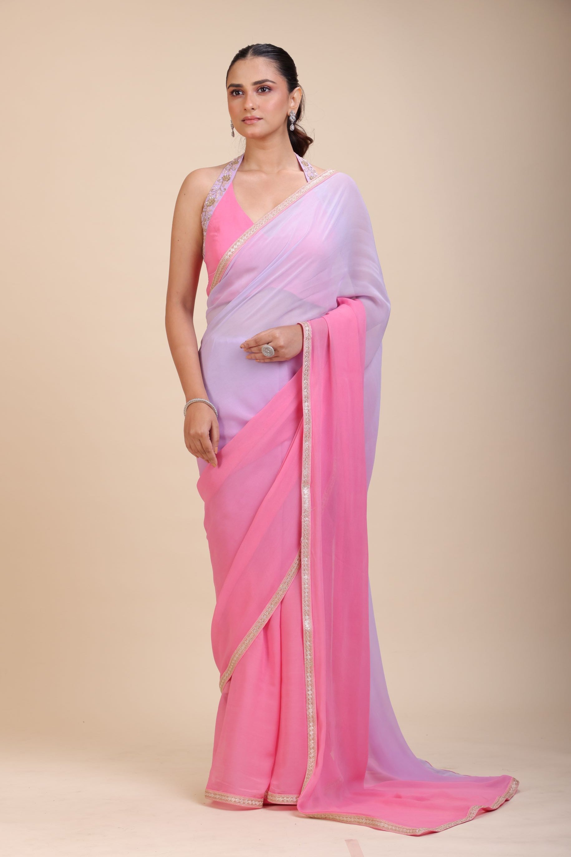 Baby Pink and Lavender Georgette Saree with Designer Halter Neck Blouse Front

