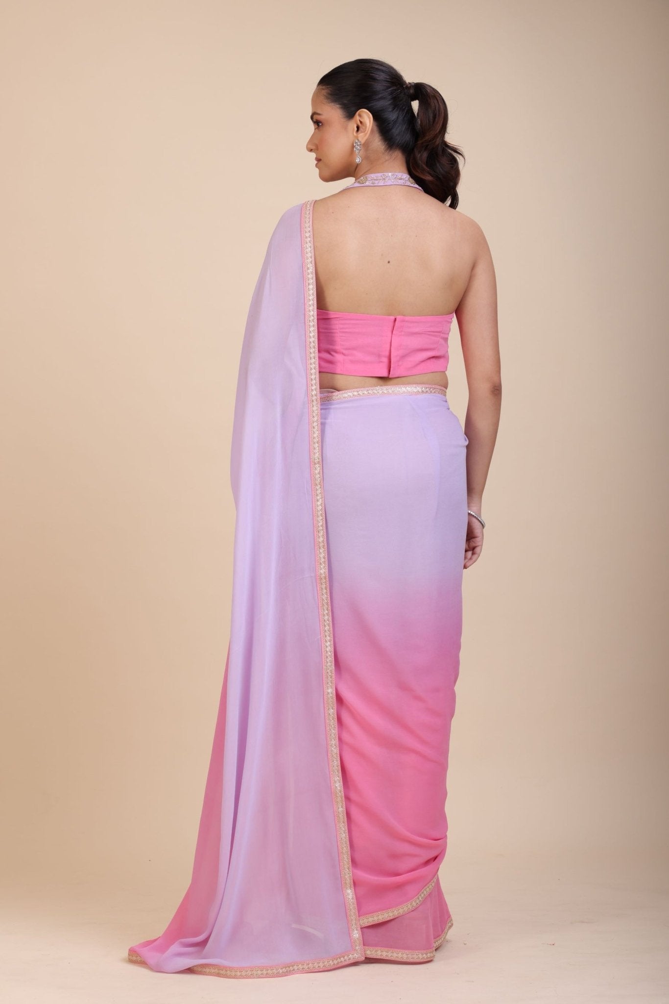 Baby Pink and Lavender Georgette Saree with Designer Halter Neck Blouse - Anvi Couture