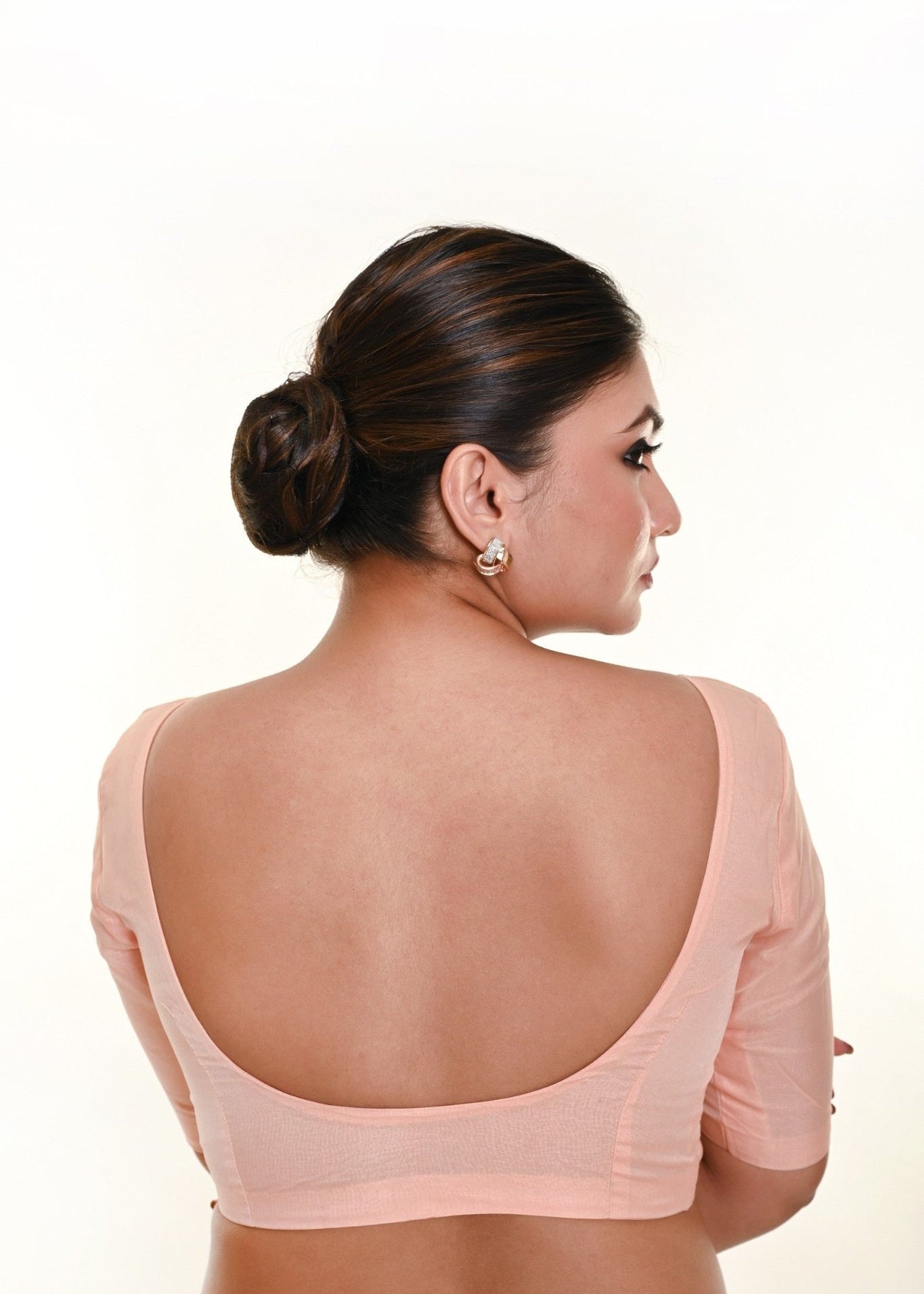 Light Peach Organza Blouse with Front Button Closure and Half Sleeves - Anvi Couture