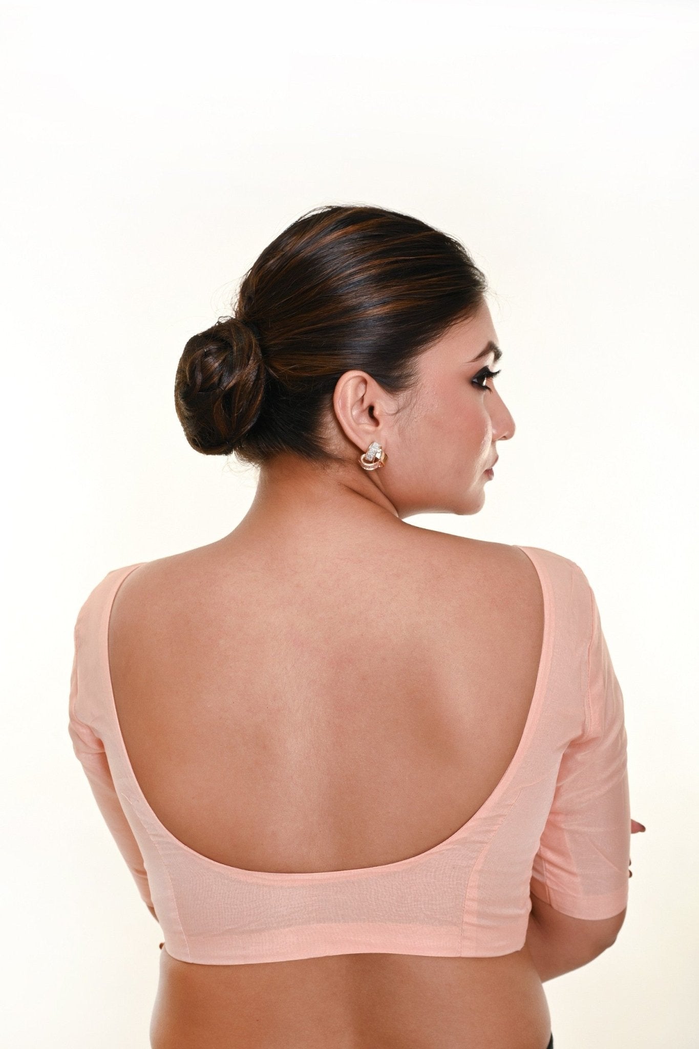 Light Peach Organza Blouse with Front Button Closure and Half Sleeves - Anvi Couture