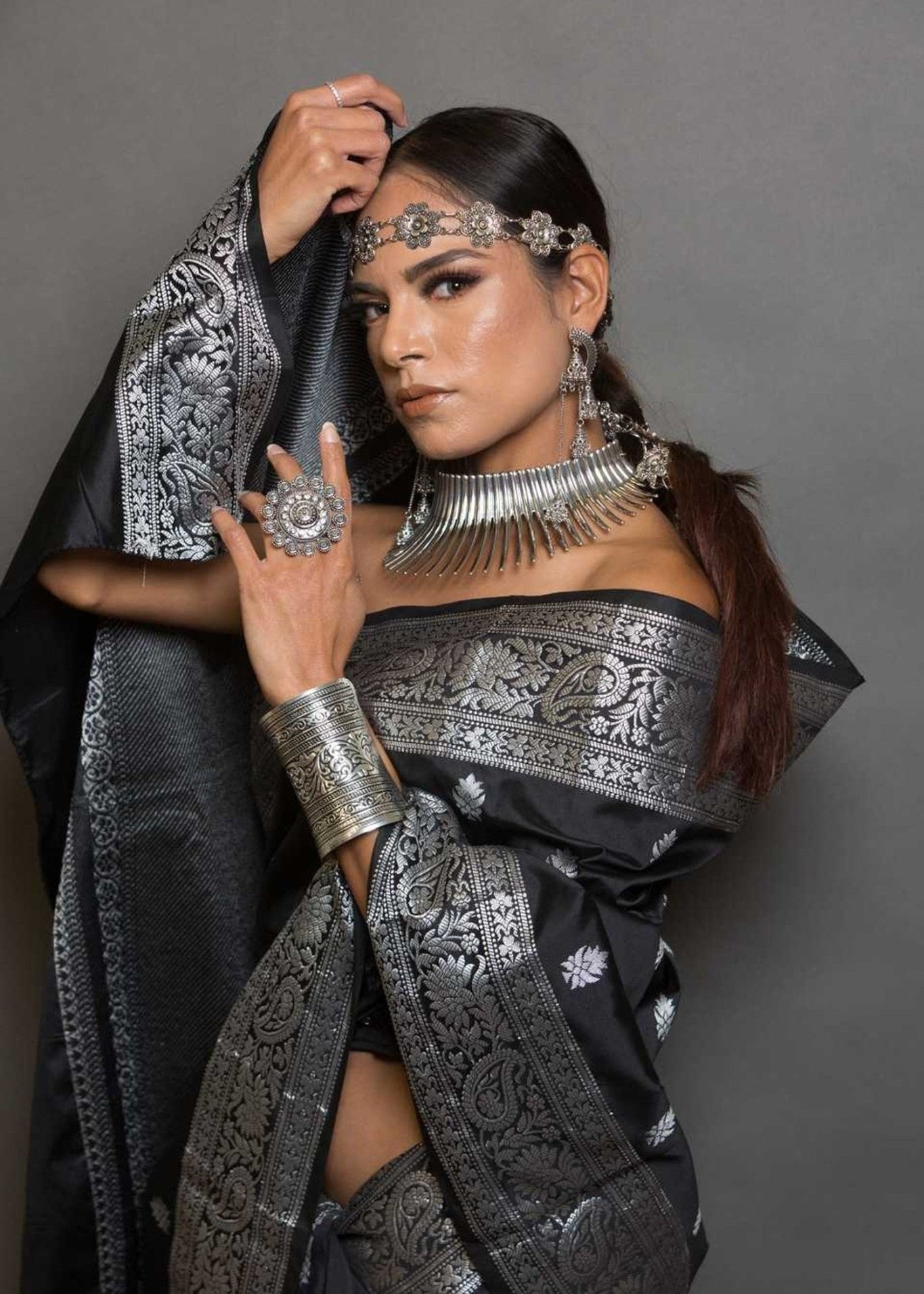Black & Silver Katan Banarasi Silk 
