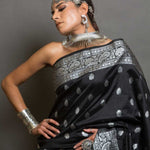 Beautiful Black Katan Banarasi Silk Saree with Silver Boota - Anvi Couture