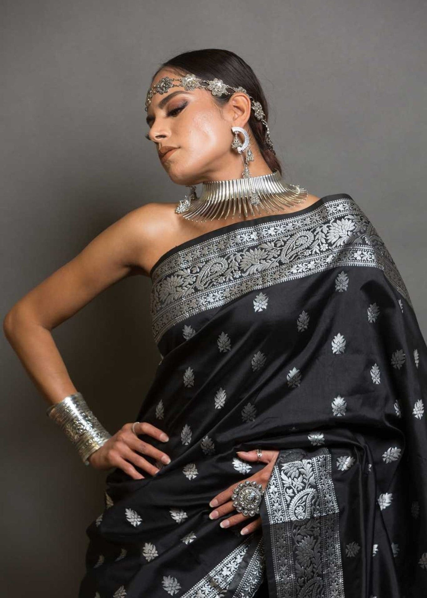 Beautiful Black Katan Banarasi Silk Saree with Silver Boota - Anvi Couture