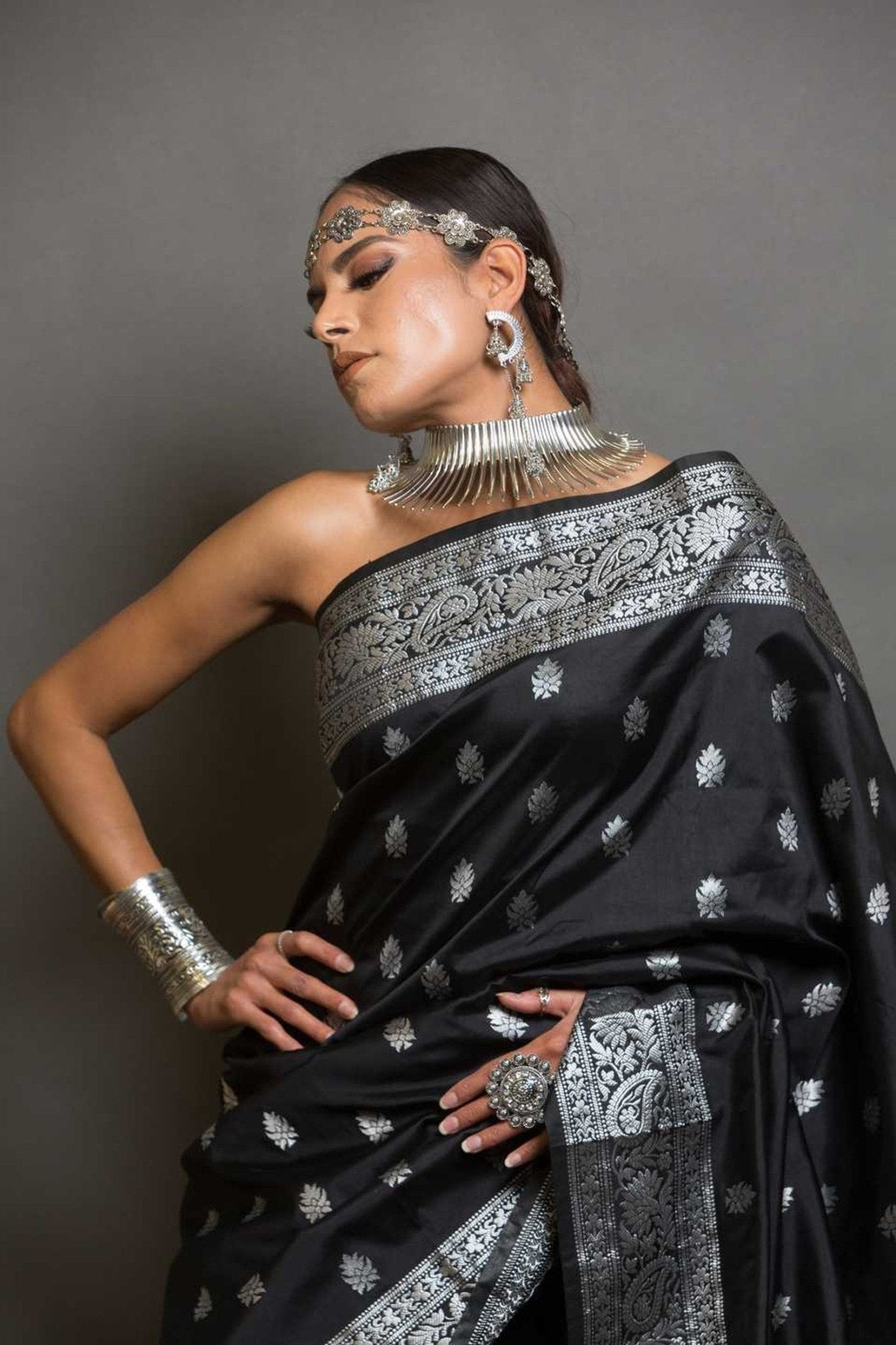 Beautiful Black Katan Banarasi Silk Saree with Silver Boota - Anvi Couture