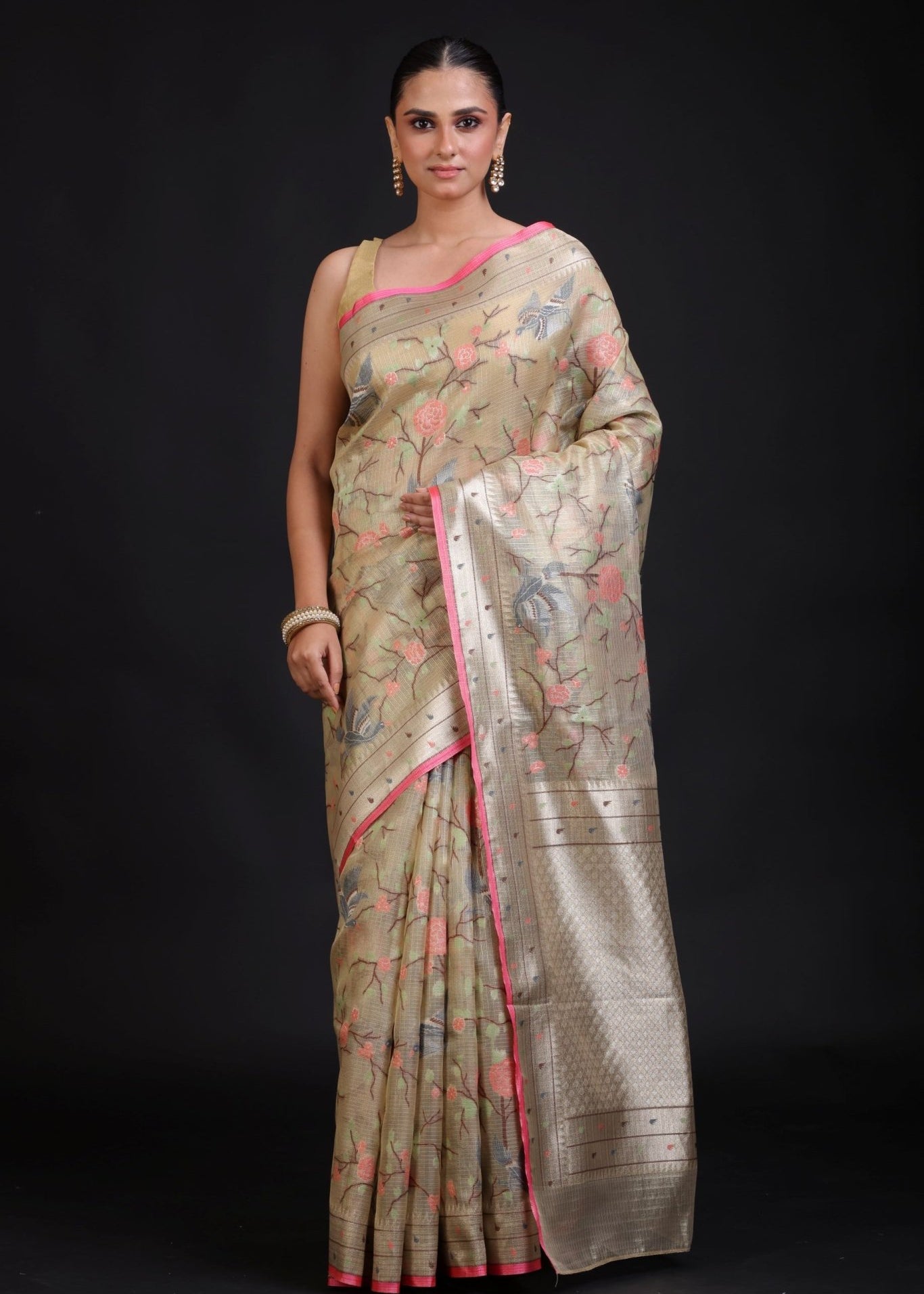 Beige Kota Silk Printed Saree - Anvi Couture