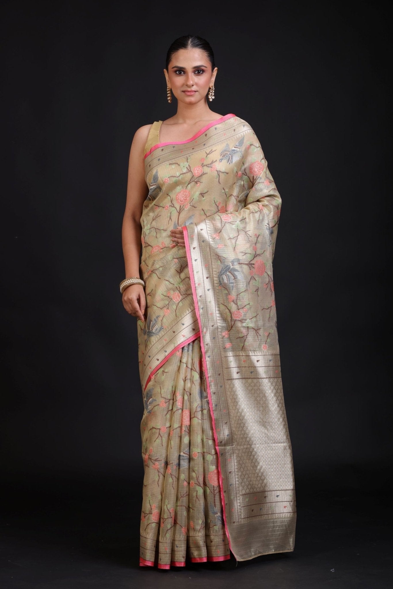 Beige Kota Silk Printed Saree - Anvi Couture