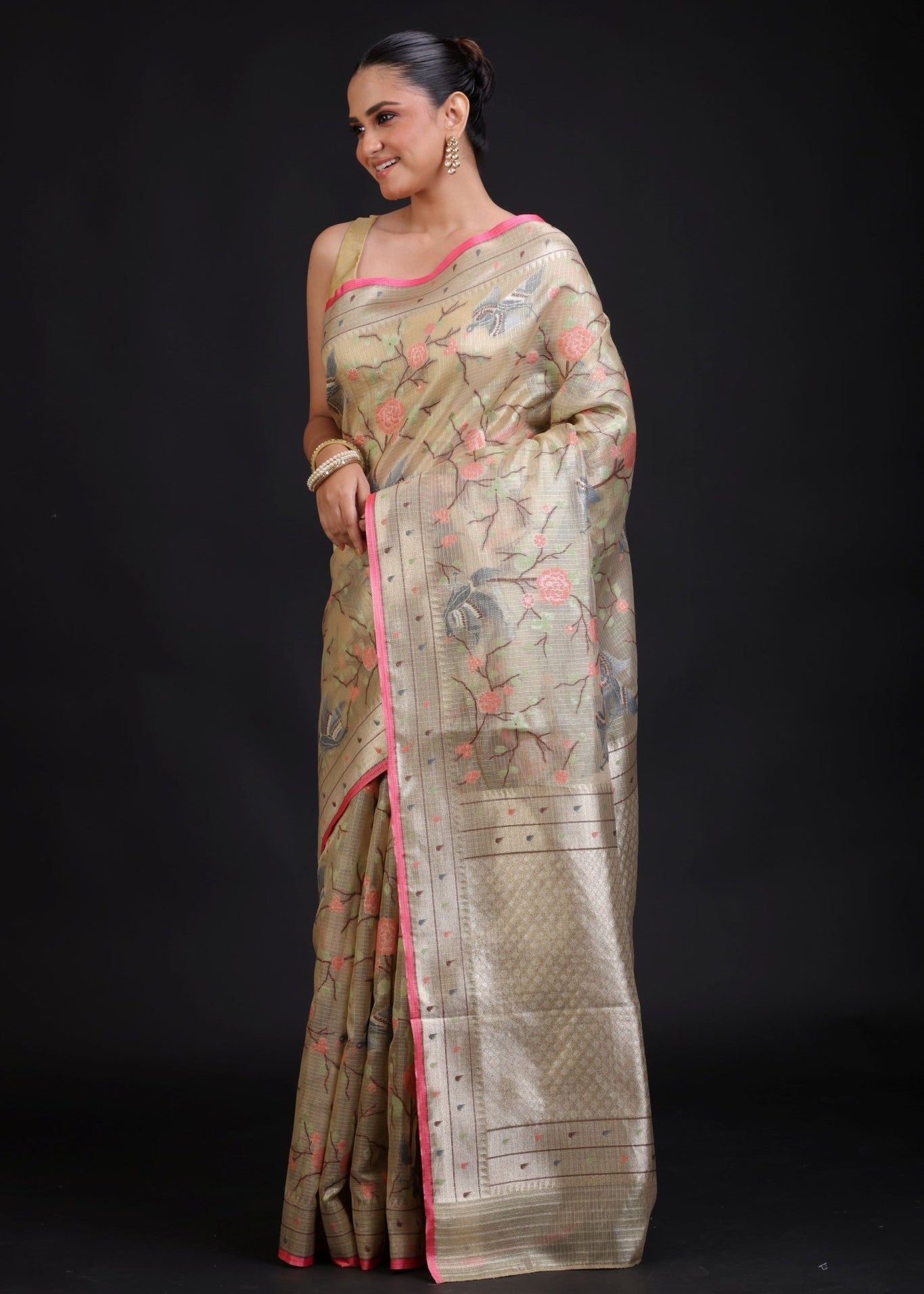 Beige Kota Silk Printed Saree - Anvi Couture