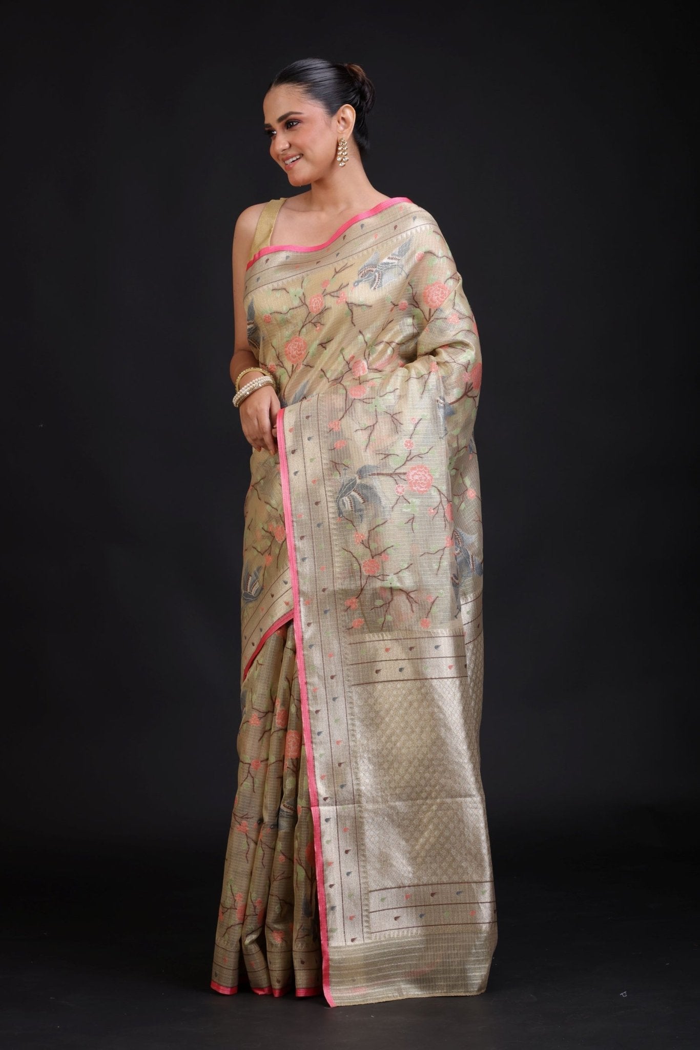 Beige Kota Silk Printed Saree - Anvi Couture