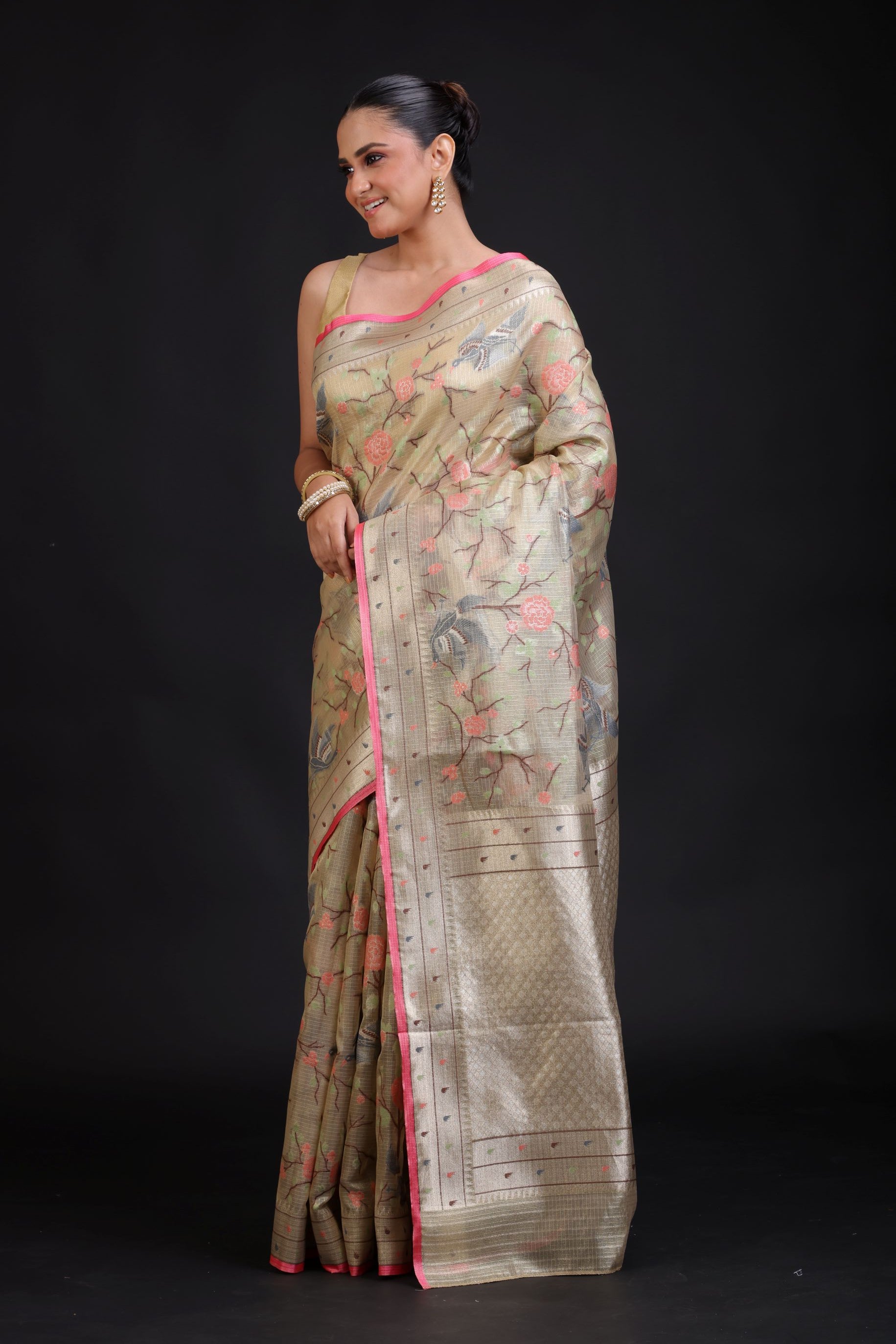 Beige Kota Silk Printed Saree front