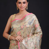 Beige Kota Silk Printed Saree close up