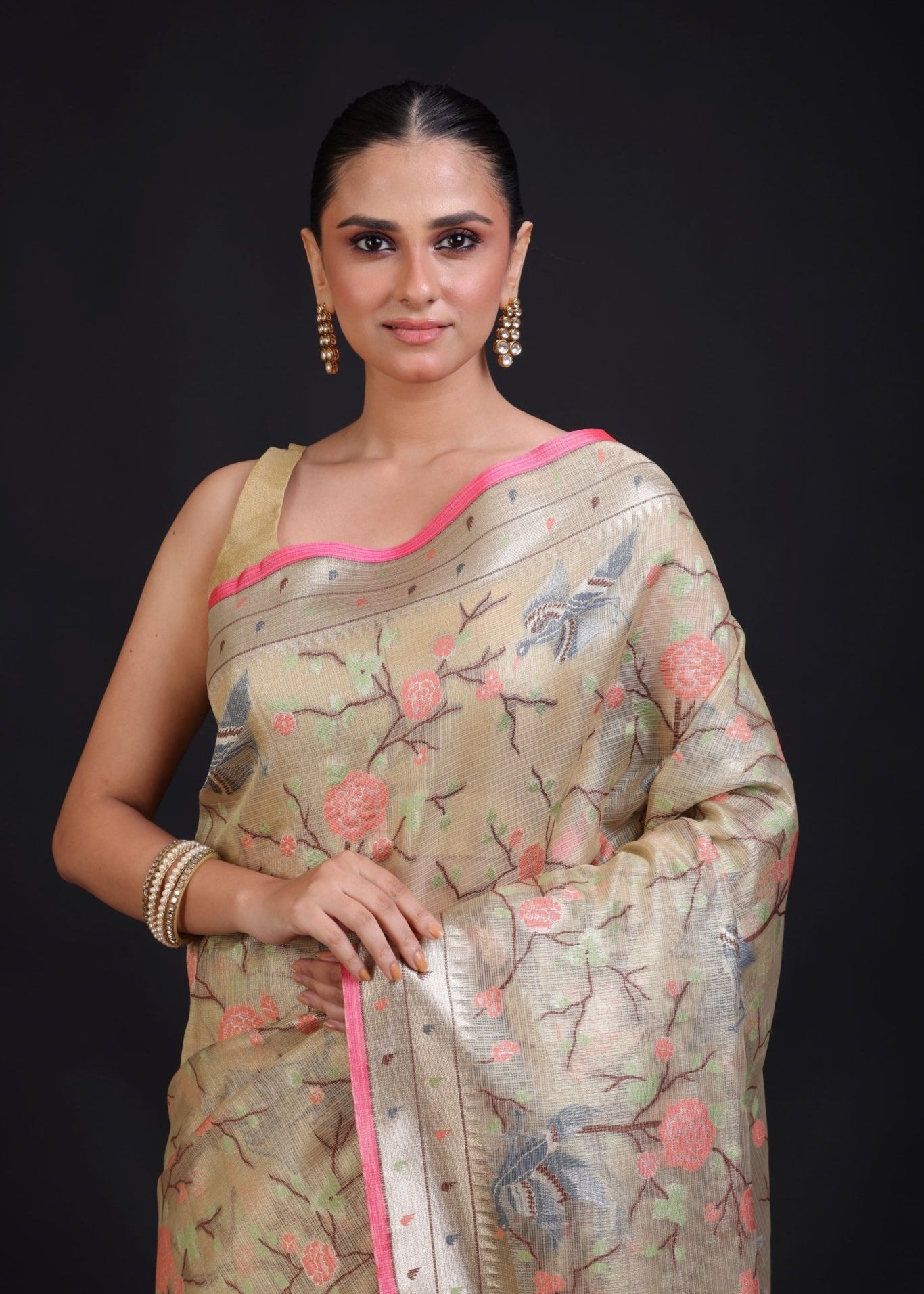 Beige Kota Silk Printed Saree - Anvi Couture