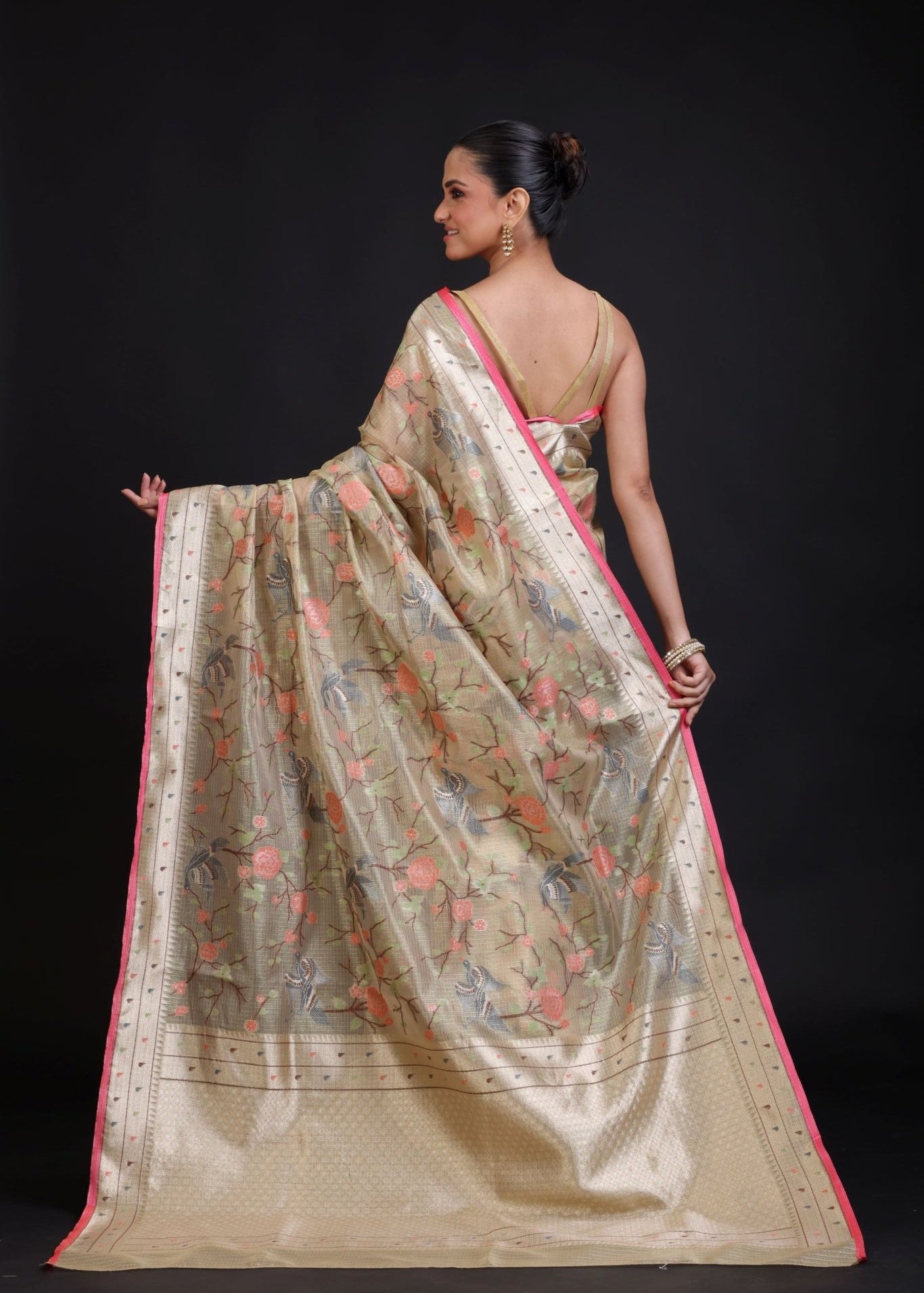 Beige Kota Silk Printed Saree - Anvi Couture