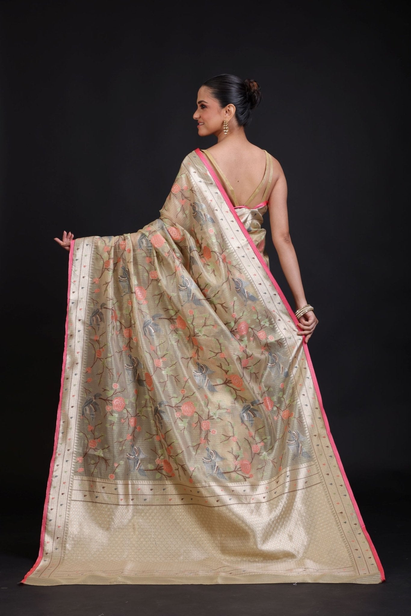 Beige Kota Silk Printed Saree - Anvi Couture