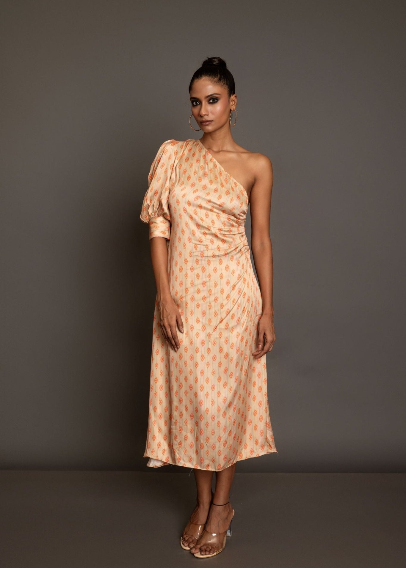 Beige One shoulder Midi Dress - Anvi Couture