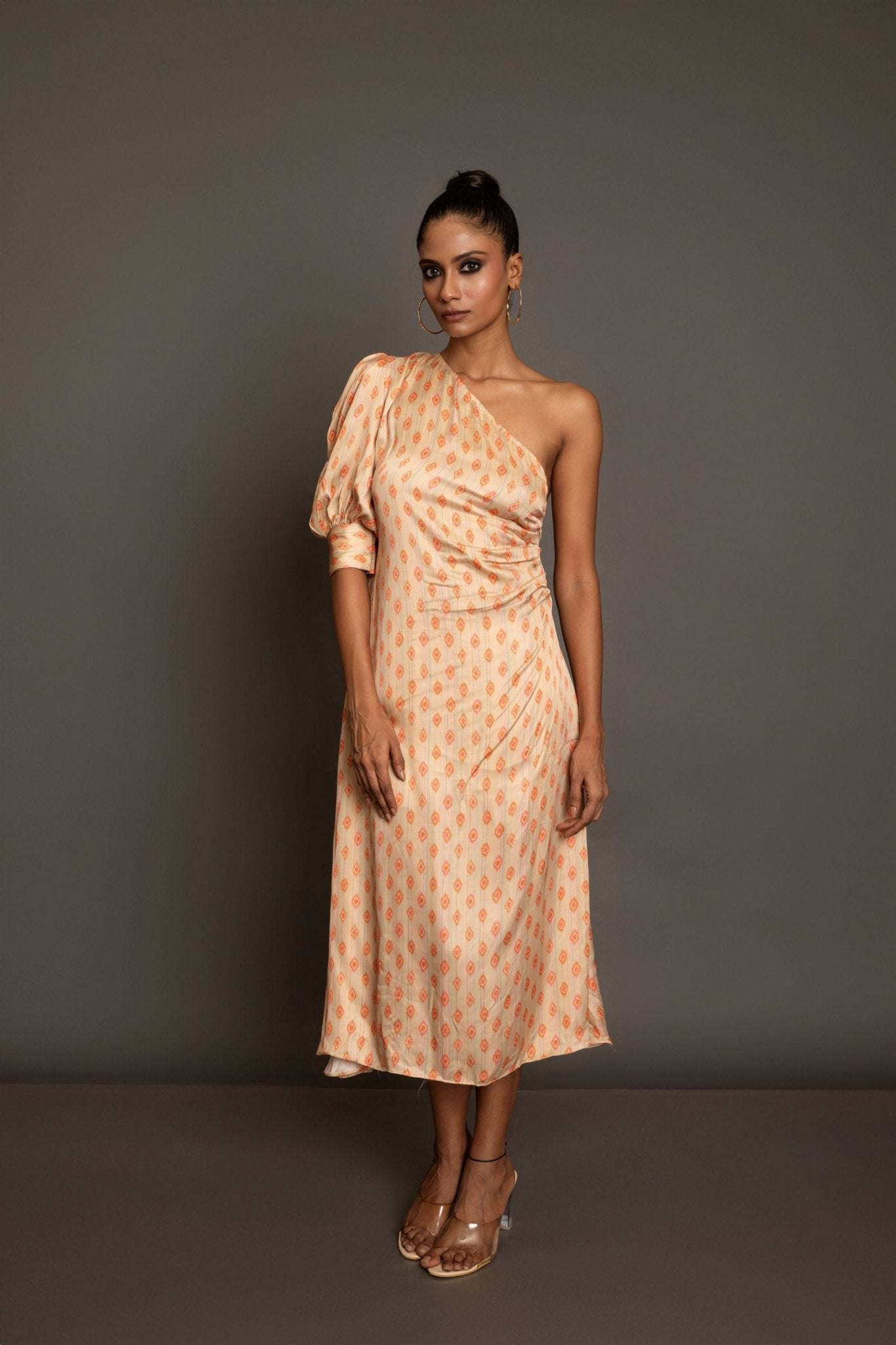 Beige One shoulder Midi Dress - Anvi Couture