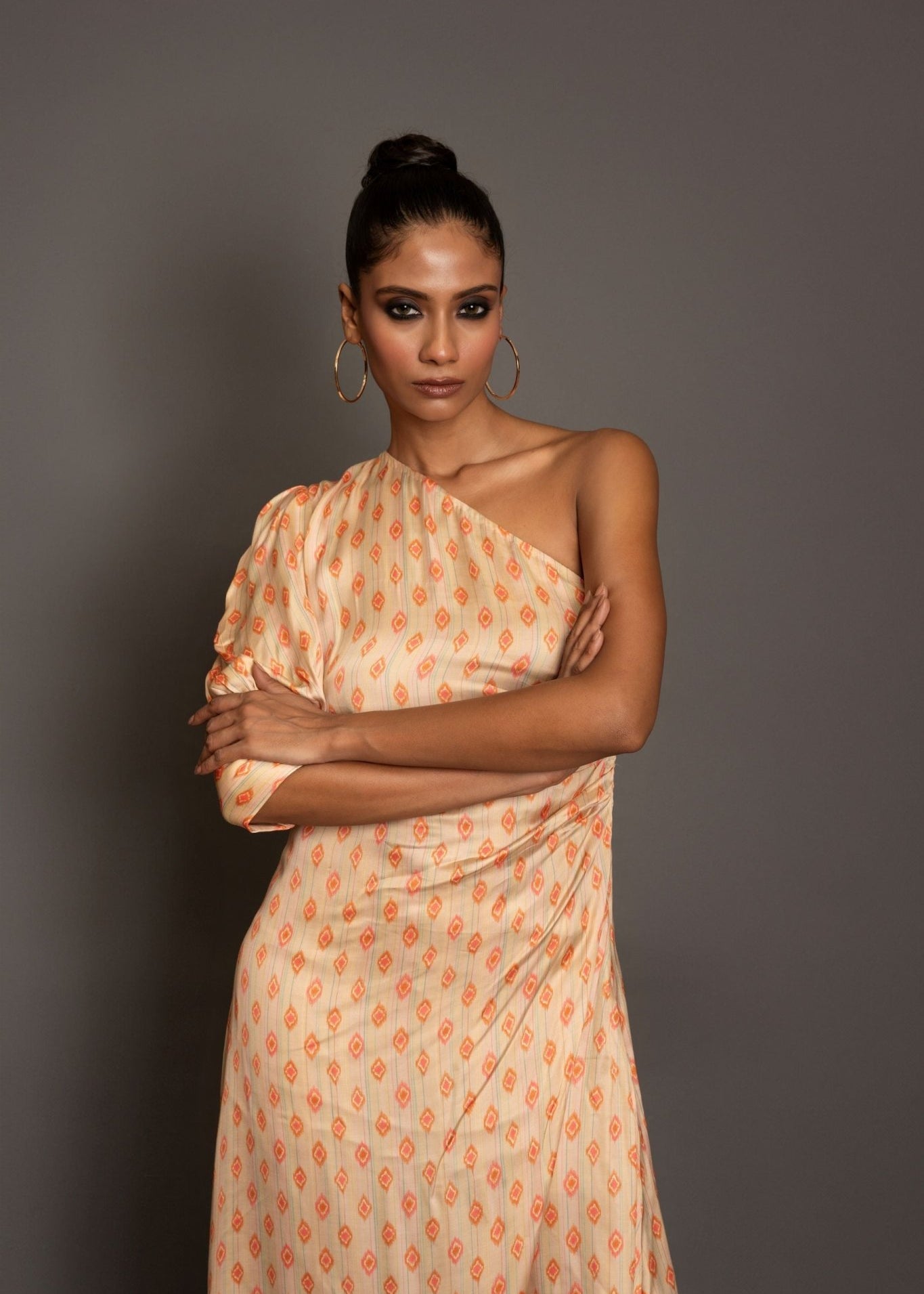 Beige One shoulder Midi Dress - Anvi Couture