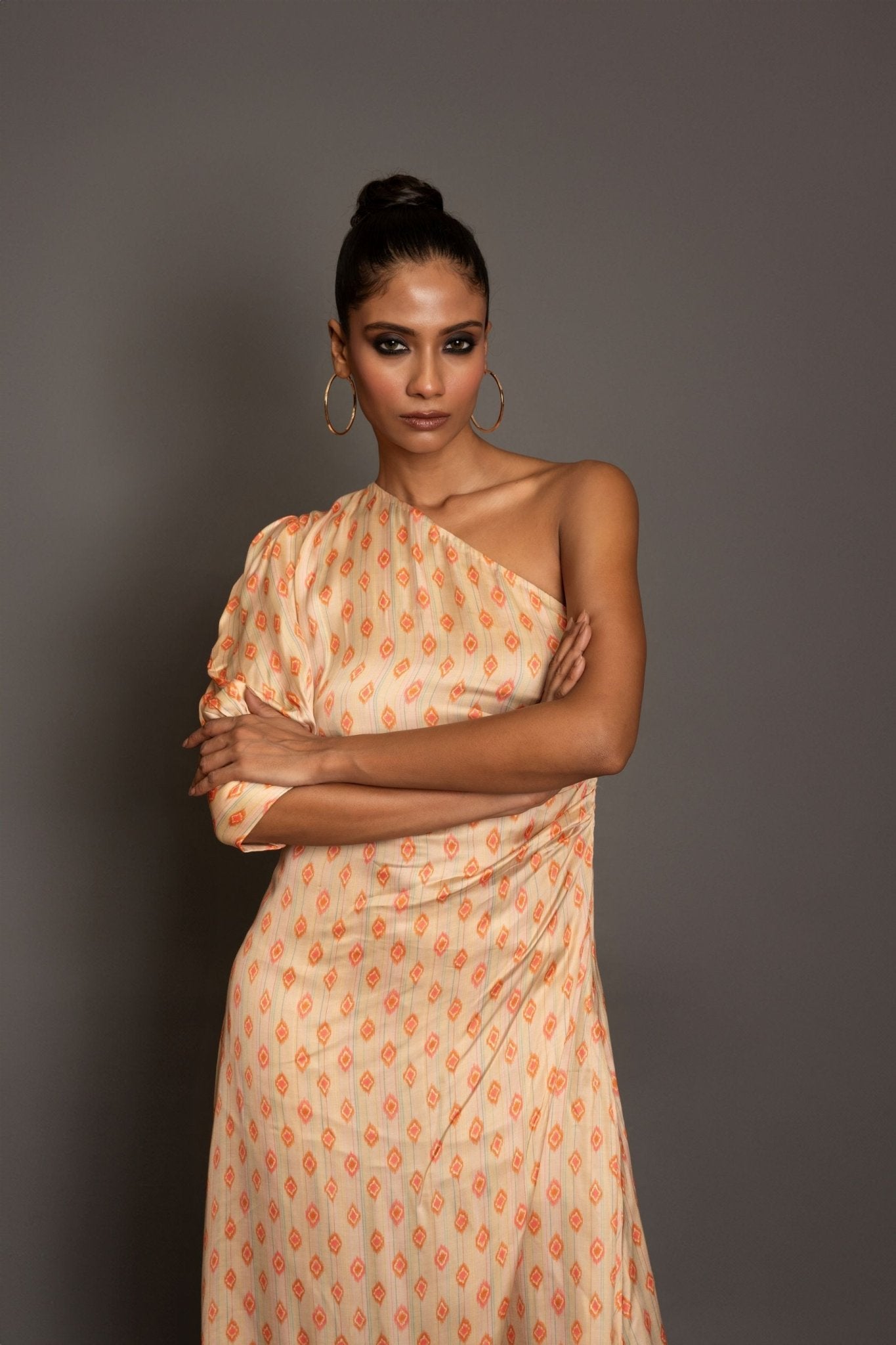 Beige One shoulder Midi Dress - Anvi Couture