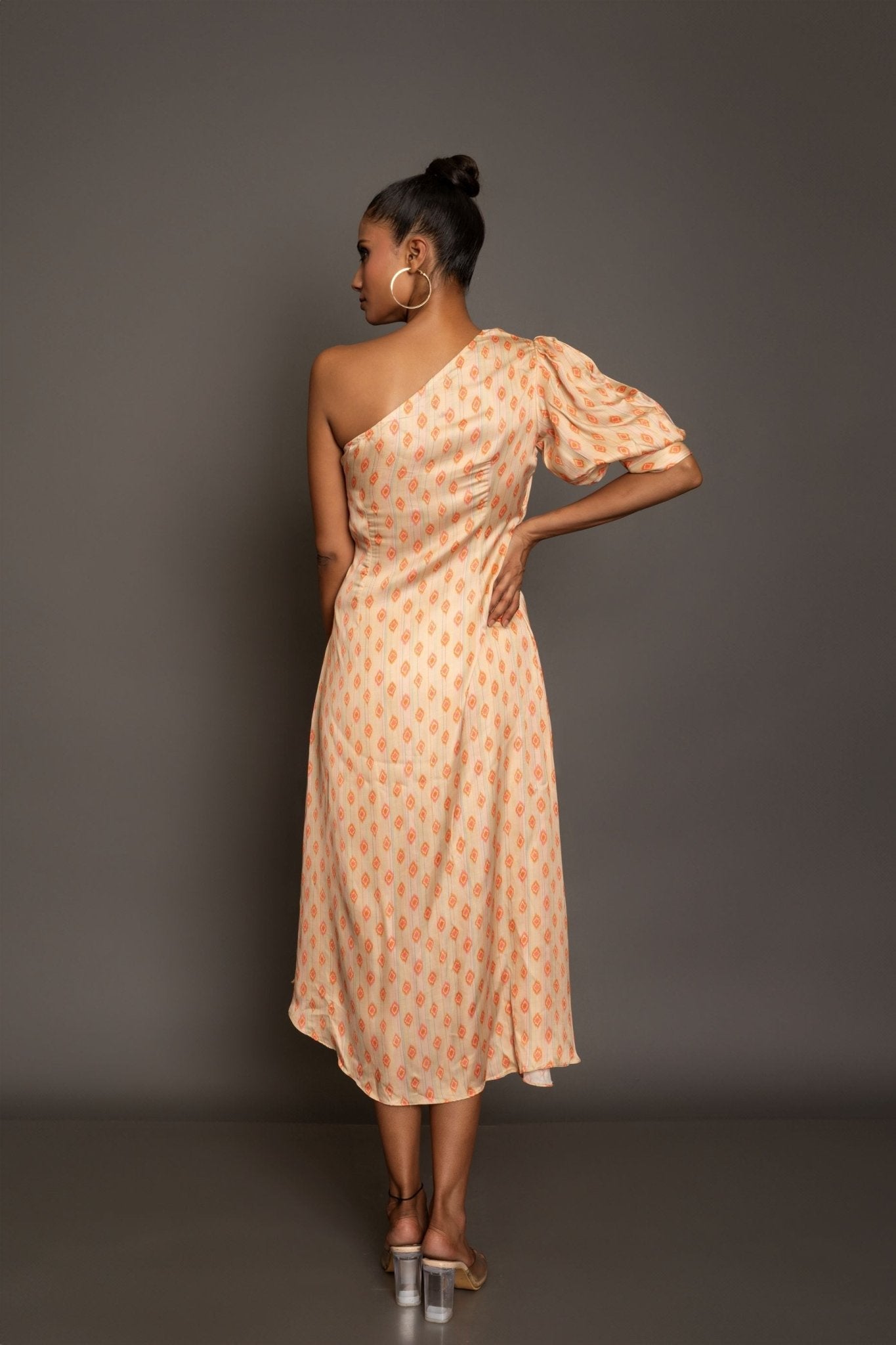 Beige One shoulder Midi Dress - Anvi Couture