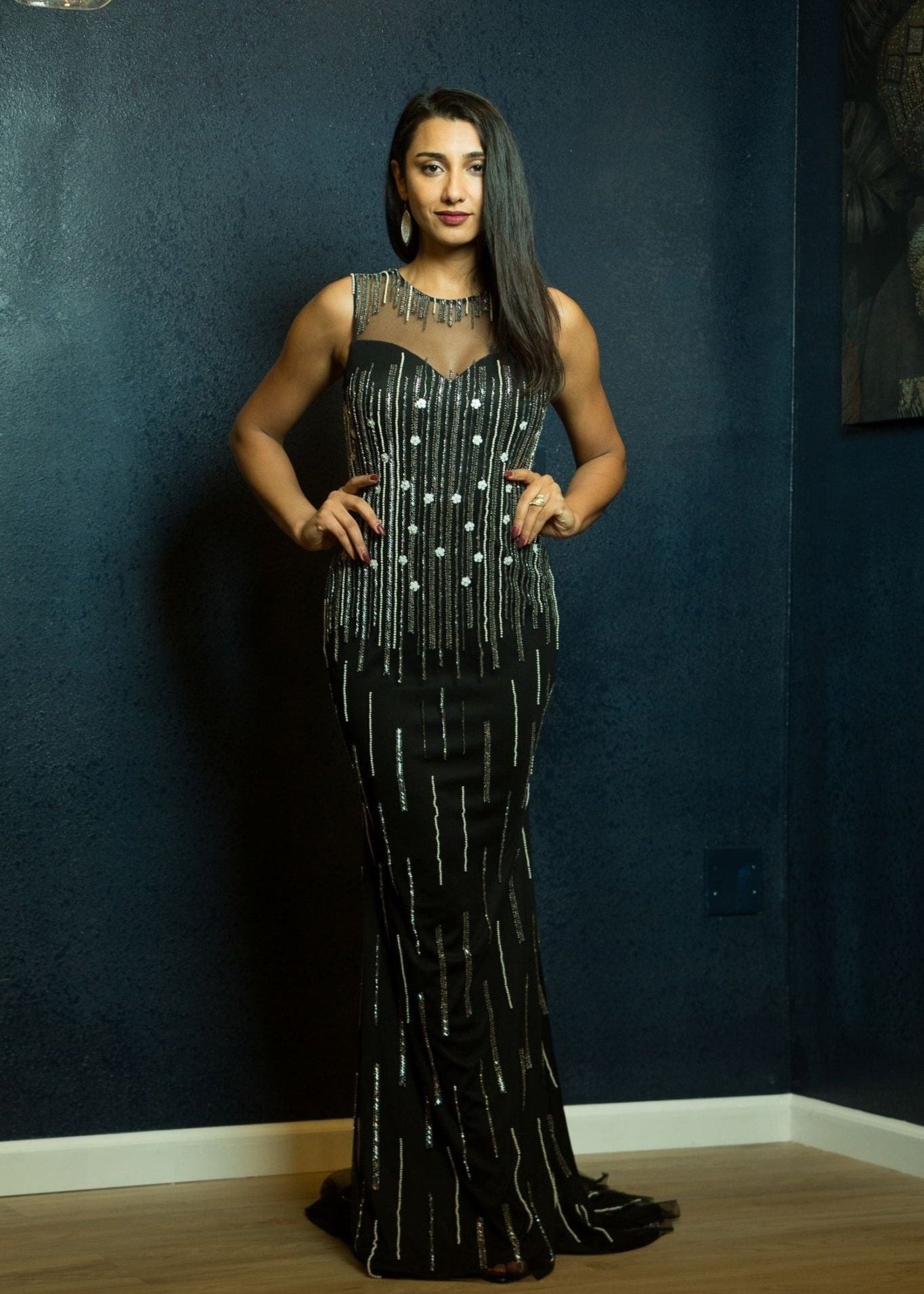 Black Bead Embroidered Evening Gown - Anvi Couture